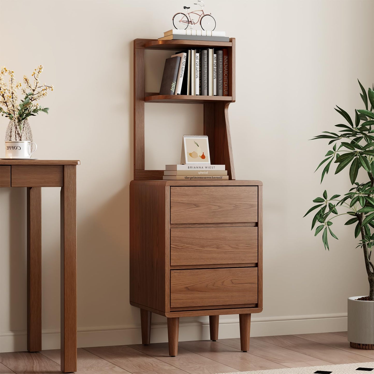 Solid Wood Bookshelf with Drawers,Narrow bookcase with Storage Shelves,Tall Nightstand with Drawers,Mid Century Modern Nightstand,Open Shelf Bookcase,Small Book Shelf for Bedroom,Living Room,Offices