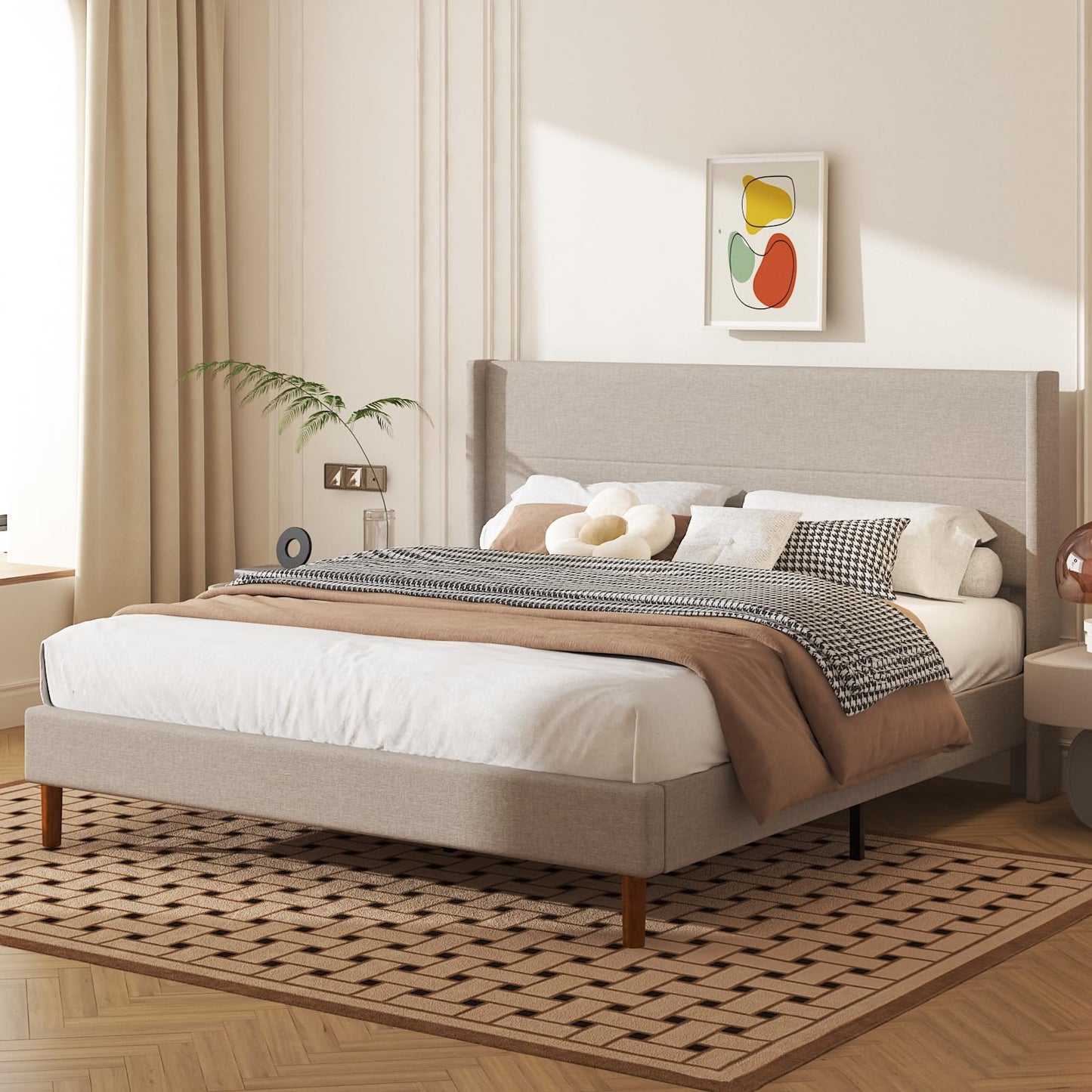Mxhtcewz King Size Bed Frame, Linen Upholstered Platform with Wingback Headboard, Wooden Slats Support, No Box Spring Needed, Easy Assembly, Beige