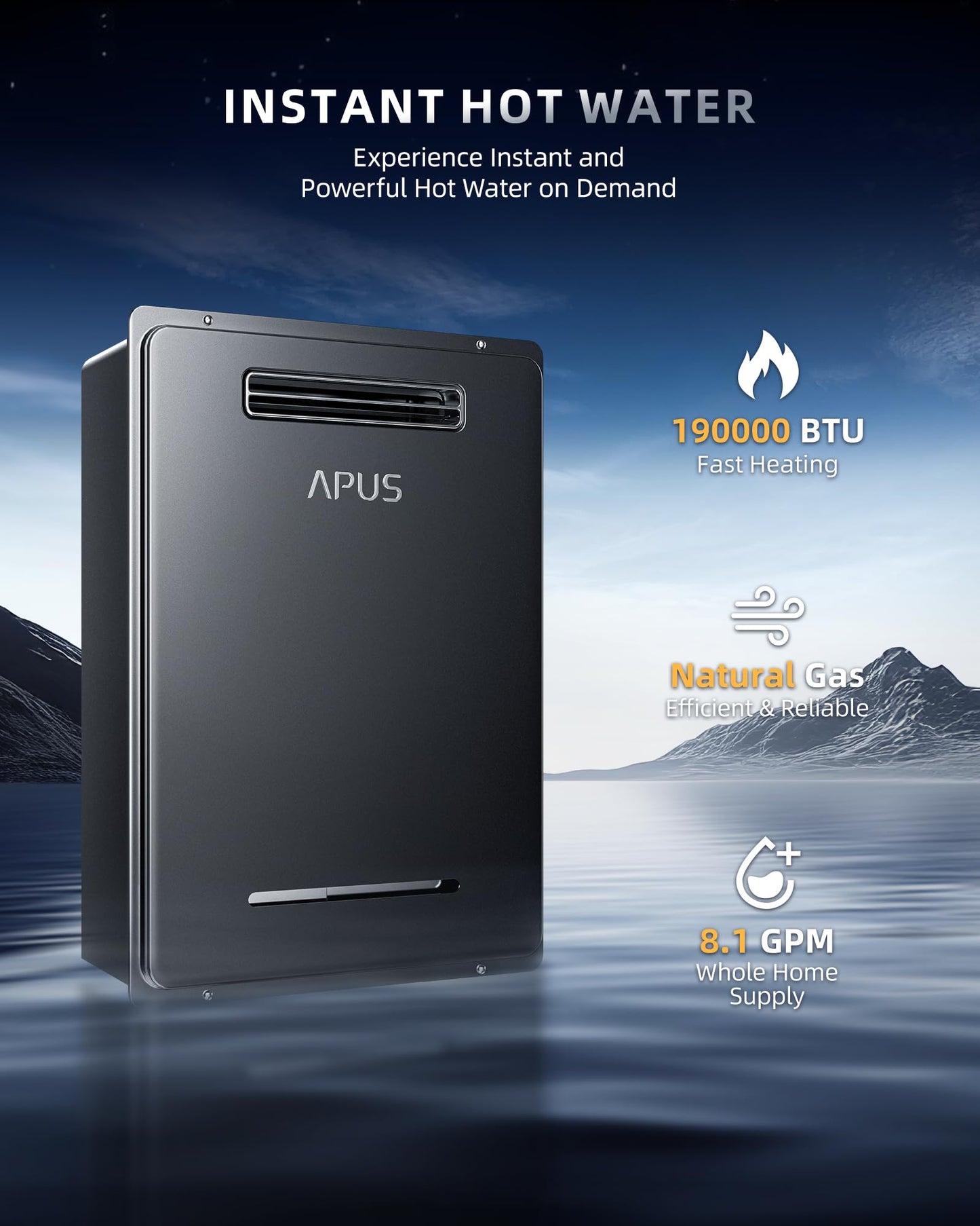 APUS 190,000 BTU Outdoor Tankless Water Heater, 8.1 GPM Natural Gas Instant Hot Water Heater with WiFi & Remote Control, High Efficiency for Supports 5 Outlets