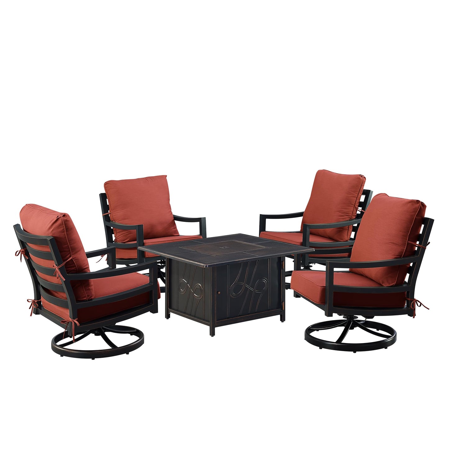 Oakland Living Black Aluminum Patio Fire Table Set with Four Club Chairs with Red Cushions