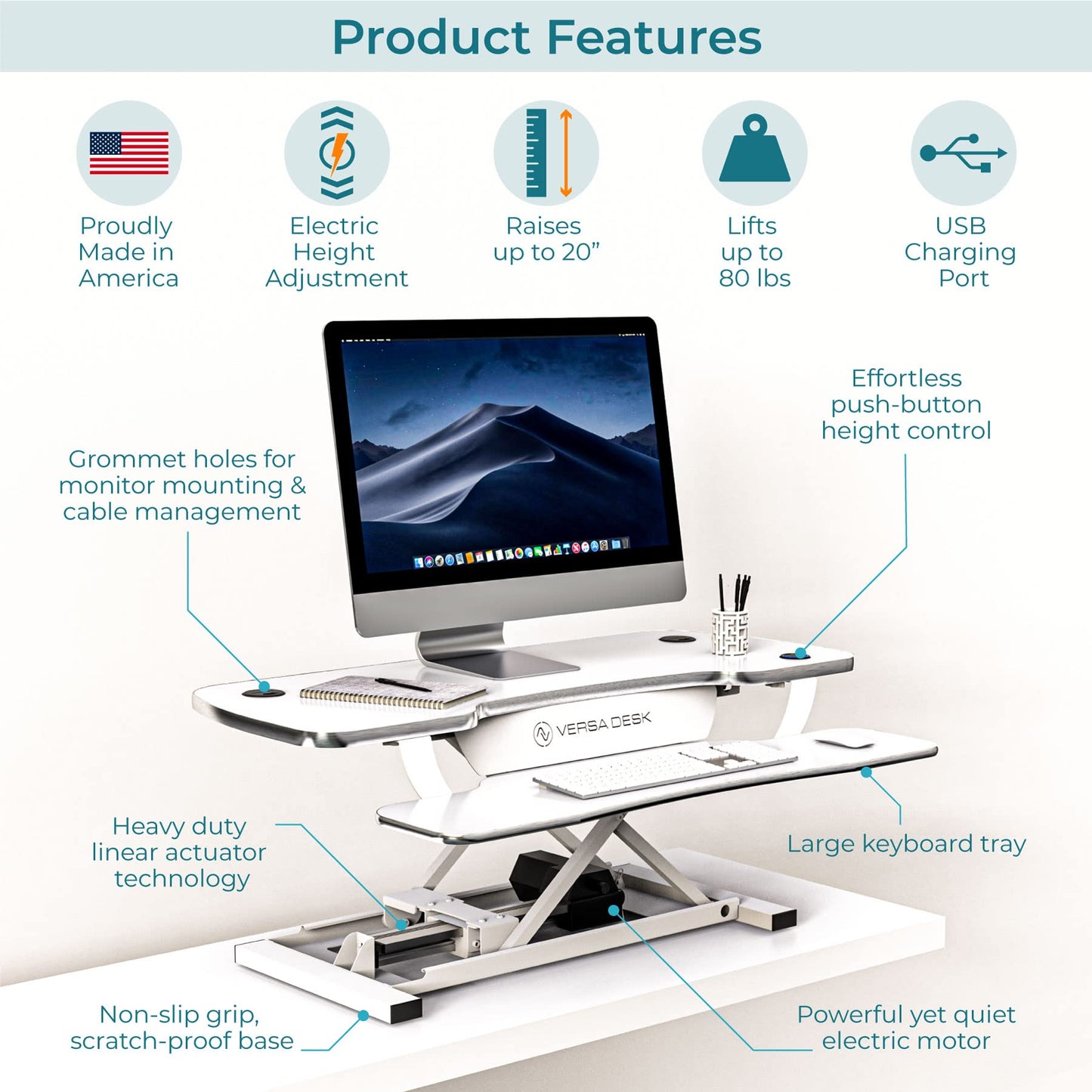 VERSADESK PowerPro 40 Inch Electric Standing Desk Converter – Push-Button Height Adjustable Sit to Stand Desk Riser for Triple Monitors & Laptop – Motorized Desktop Workstation with Wide Keyboard Tray