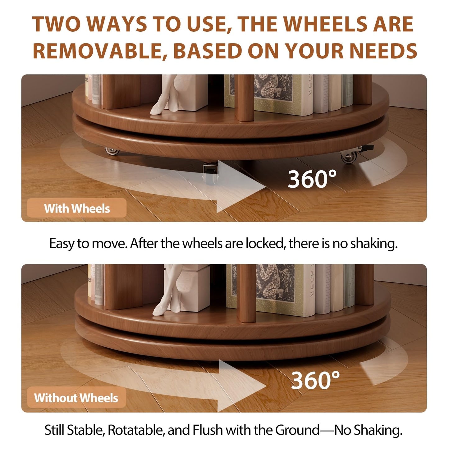 Muwuele 6 Tier Rotating Bookshelf Tower, Solid Wood Bookshelf on Wheels, Circular Book Shelf Rotating, Revolving Bookcase for Small Spaces, Corner Book Case, Spinning Book Shelf for Bedroom, Walnut