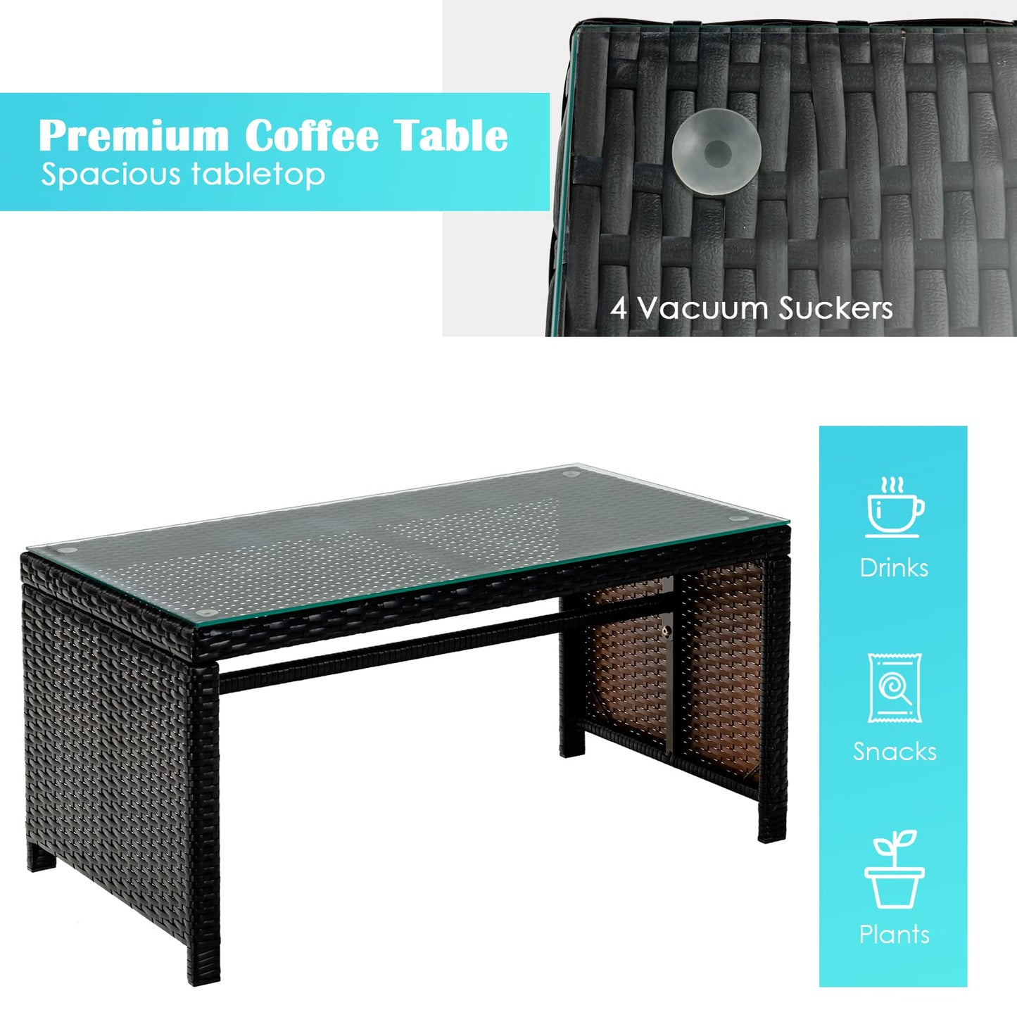 COSTWAY 4 Piece Patio Furniture Set, Outdoor PE Rattan Wicker Sectional Sofa with Cushion and Coffee Table, Patio Conversation Sets for Balcony Lawn Porch Patio Backyard Garden Poolside, Turquoise
