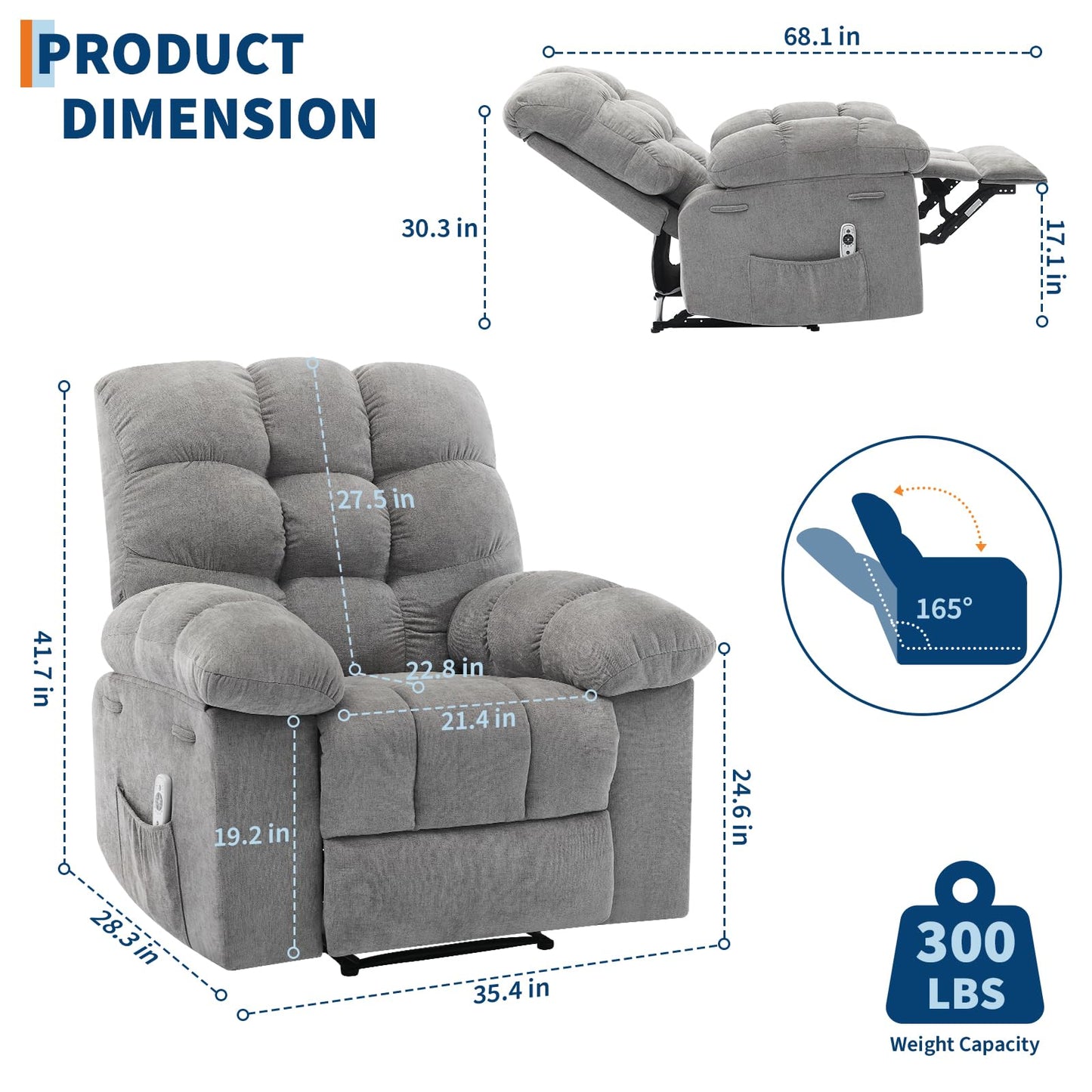 21.4'' Wide Recliner Chair,Massage & Heat Recliner Chair for Adults,Home Theater Seating with Lumbar Support,Ergonomic Breathable Fabric Nursery Rocking Chairs for Living Room