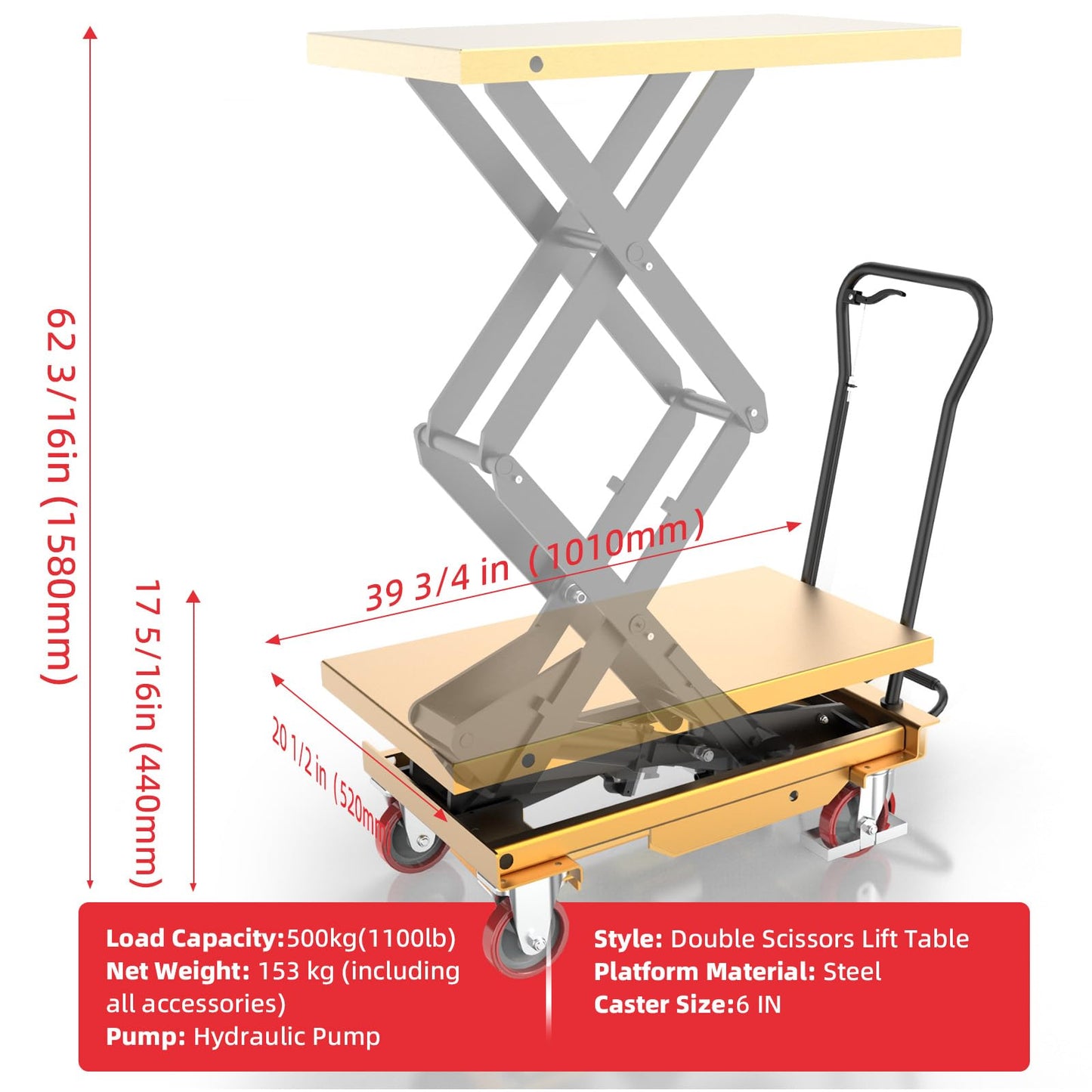 ZKH Hydraulic Lift Cart, 1100lb Capacity, 63" Max Lifting Height, Single Scissors Lift Table with Locking Wheels and Overload Bar for Safe Operations, Ideal for Material Handling and Freight Lifting