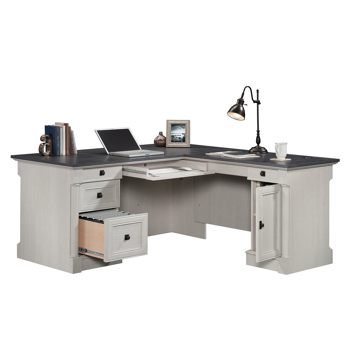 Sauder Palladia L Shaped Desk with Drawers, Office Desk with File Cabinet Storage, Cable Management, Keyboard Tray, in Glacier Oak Finish