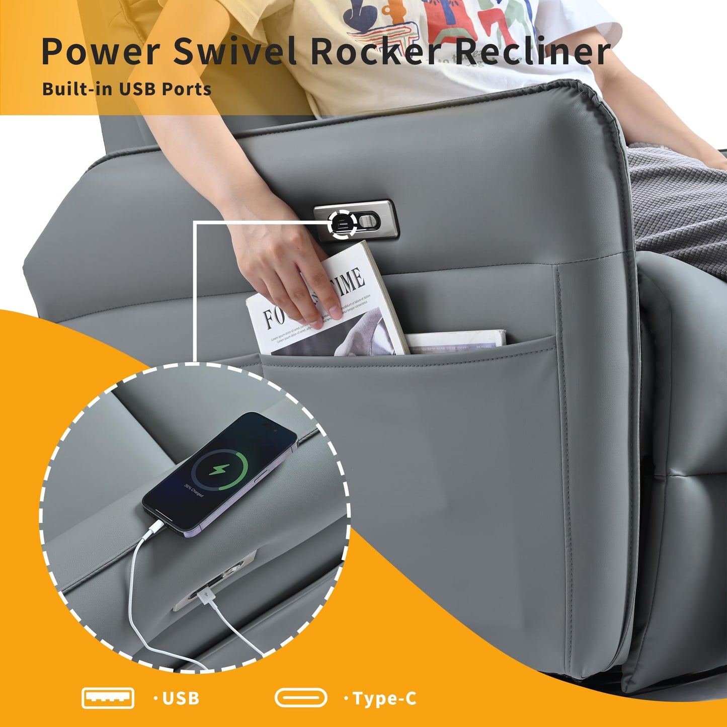 KEIKI 270 Degree Power Swivel PU Leather Power Recliner Chair, Nursery Recliners, Home Theater Recliner Chair, Rocking Chair Electric Glider Reclining Sofa with USB Ports, Blue Gray