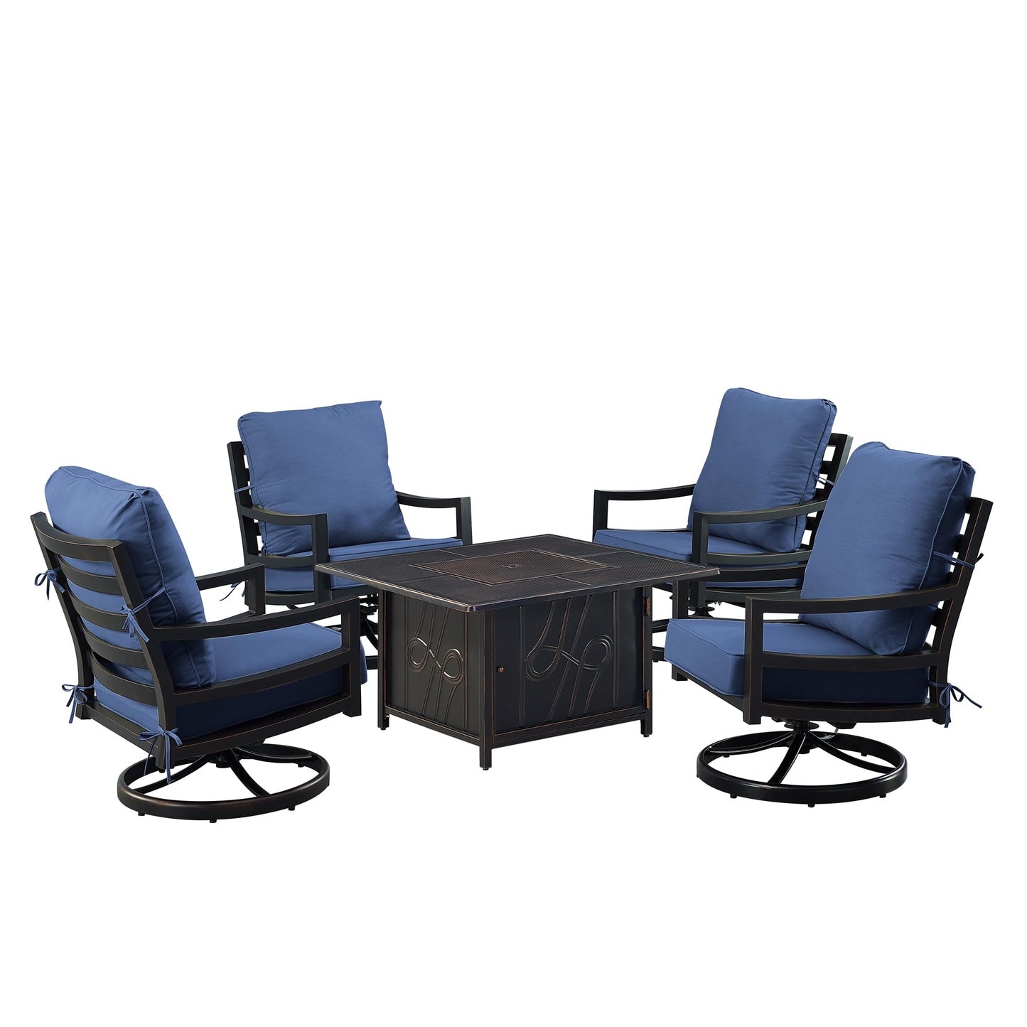 Oakland Living Black Aluminum Patio Fire Table Set with Four Club Chairs with Blue Cushions