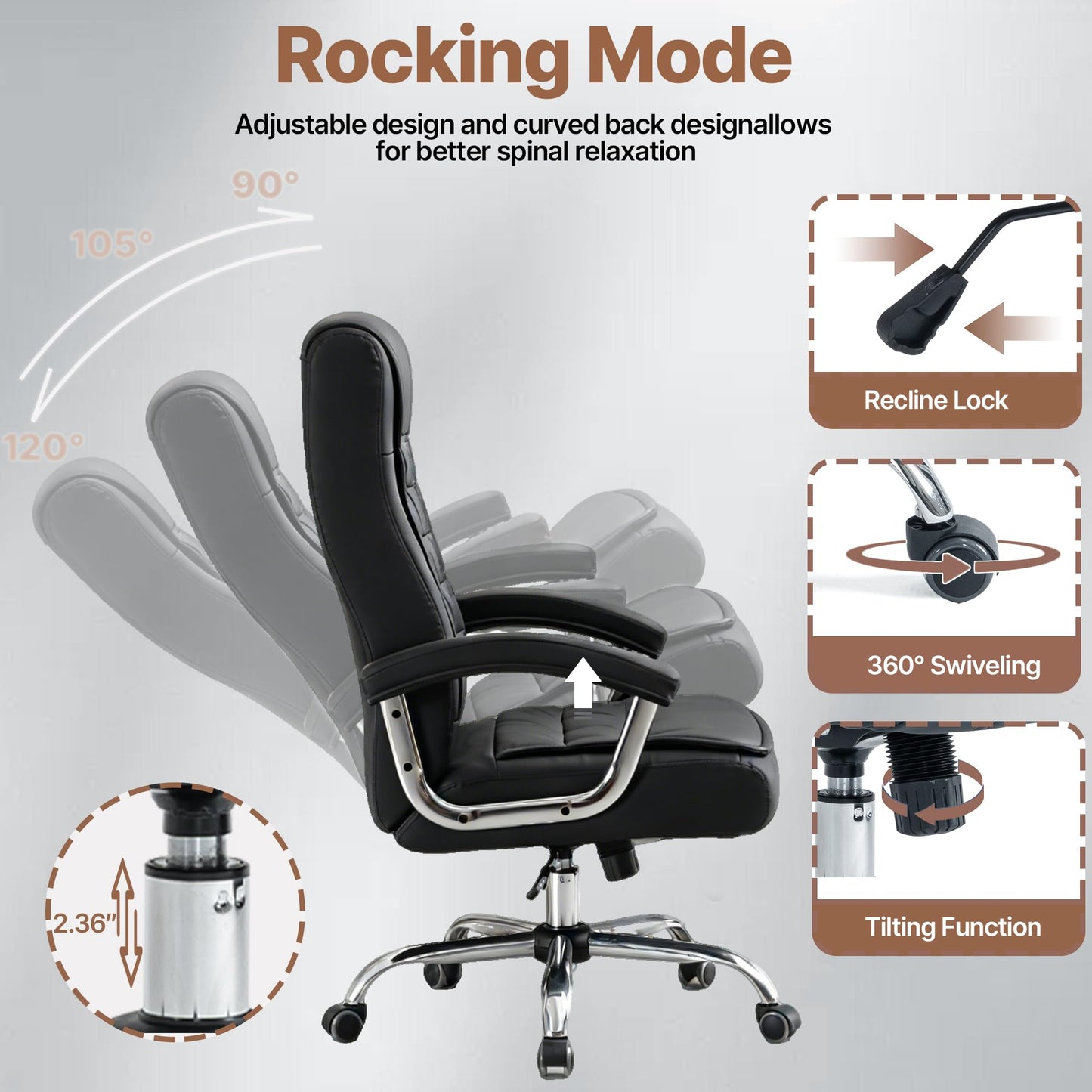 KEIKI Executive Office Chair High Back PU Leather Desk Chair with Spring Cushion, Ergonomic Swivel Computer Chair, Chrome Armrests, Adjustable Rolling Chair for Home Office, Black