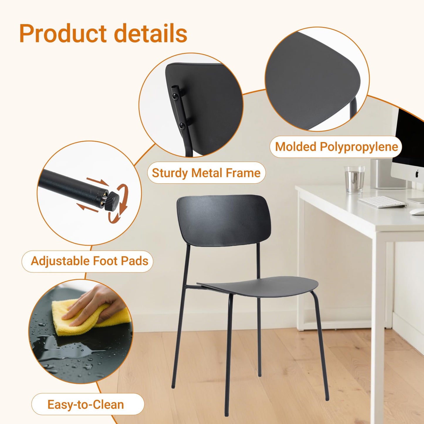 Sidanli Stackable Chairs Set of 4, Waiting Room Chairs with Metal Legs and Ergonomic Plastic Seat, Stacking Office Chairs for Conference Reception Church Banquet, Black