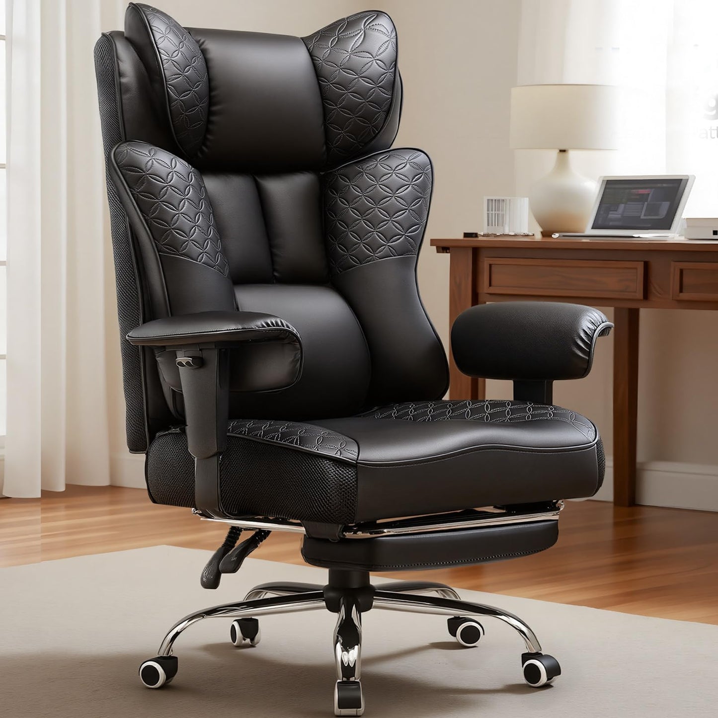 GTPLAYER Big and Tall Office Chair Wide Ergonomic Gaming Chair with Deluxe Embossing Designed Leather with Foot Rest,150°Reclining Adjustable Soft Armrests Pocket Spring Back Support and Pillow