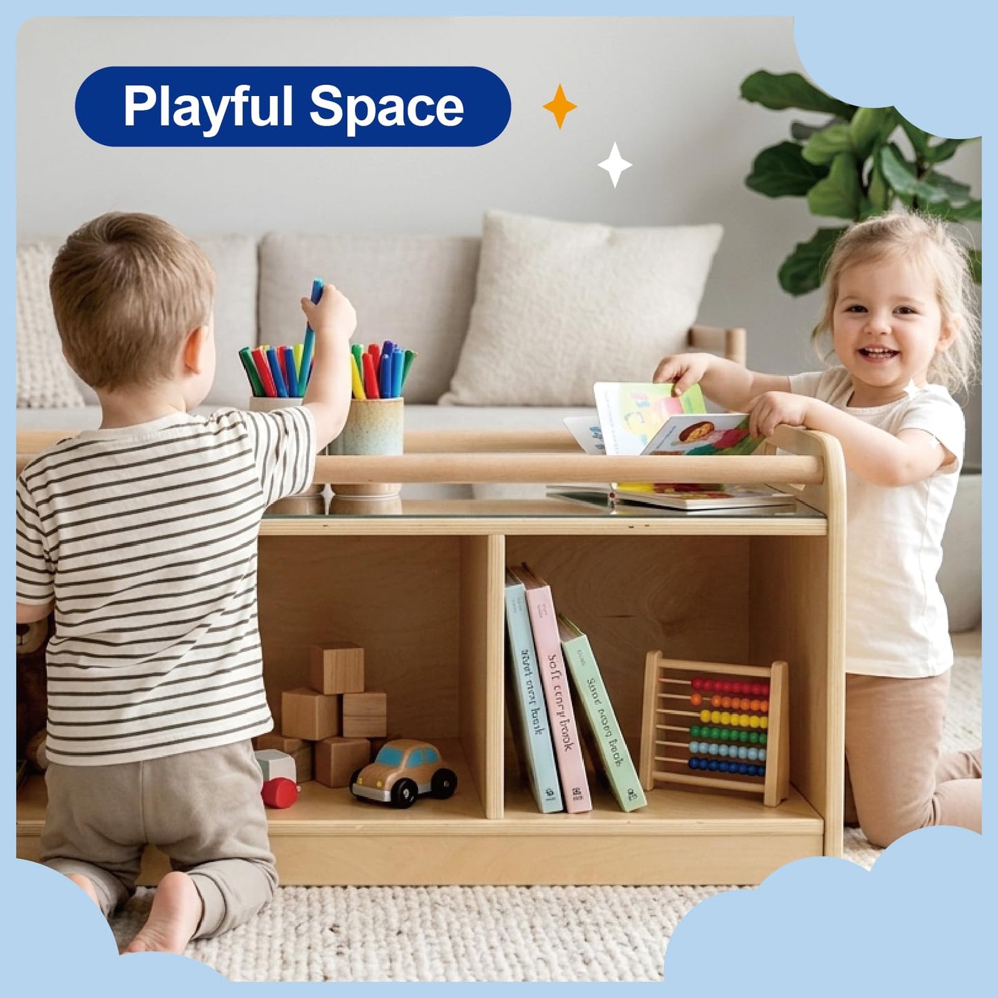 kidi house Montessori Shelf with Activity Top and Mirror, Birch Plywood Toy Storage Cabinet, Wooden Toddler Tummy Time Furniture for Home, Daycare Cubbies, Preschool, Playroom, Nursery, Kindergarten