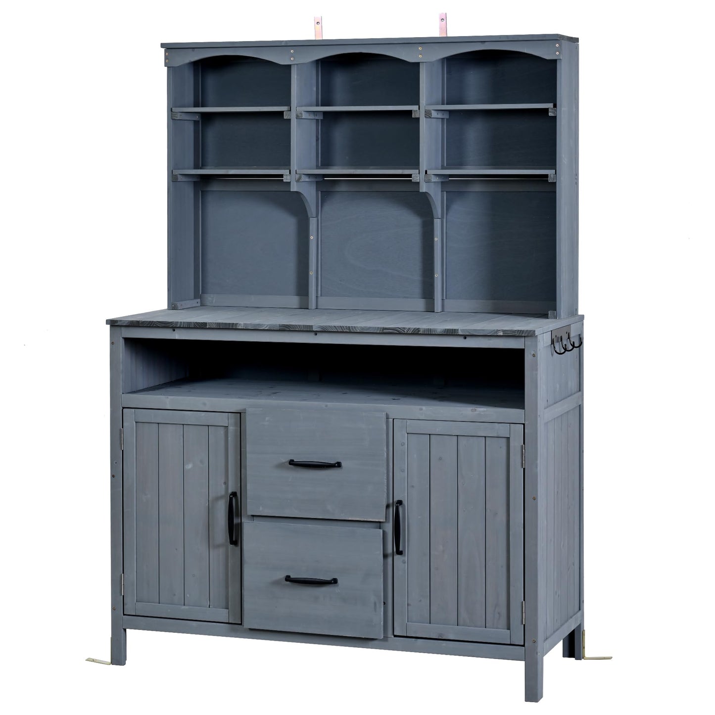 Merax 45.3" Large Outdoor Fir Wood Potting Bench with Storage, Multi-Functional Patio Kitchen Island with 6-Shelf Hutch+2 Cabinets+2 Drawers+3 Hooks, Garden Workstation for Planting, Gardening, Gray