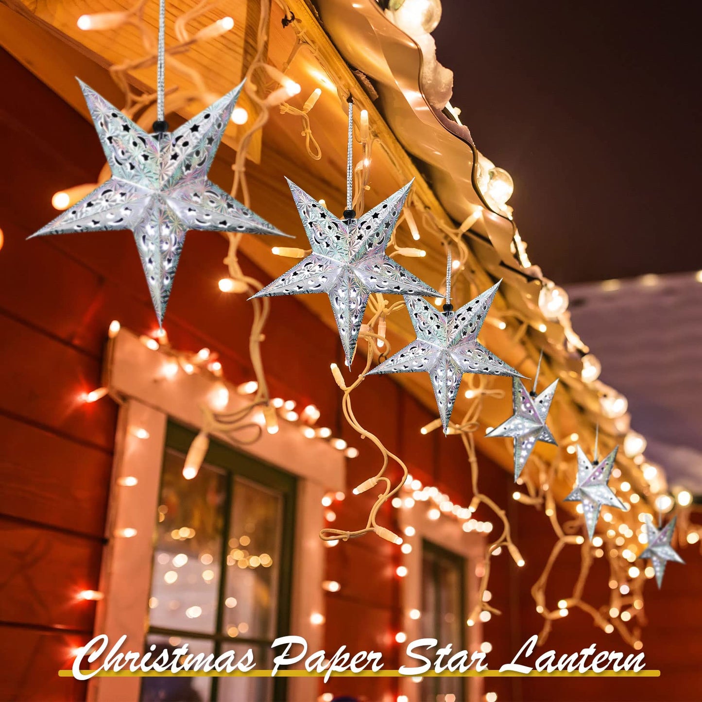 Zhanmai 10 Pcs Christmas Paper Star Lantern Lampshade 3D Hanging Lights with 20 LED, Silver