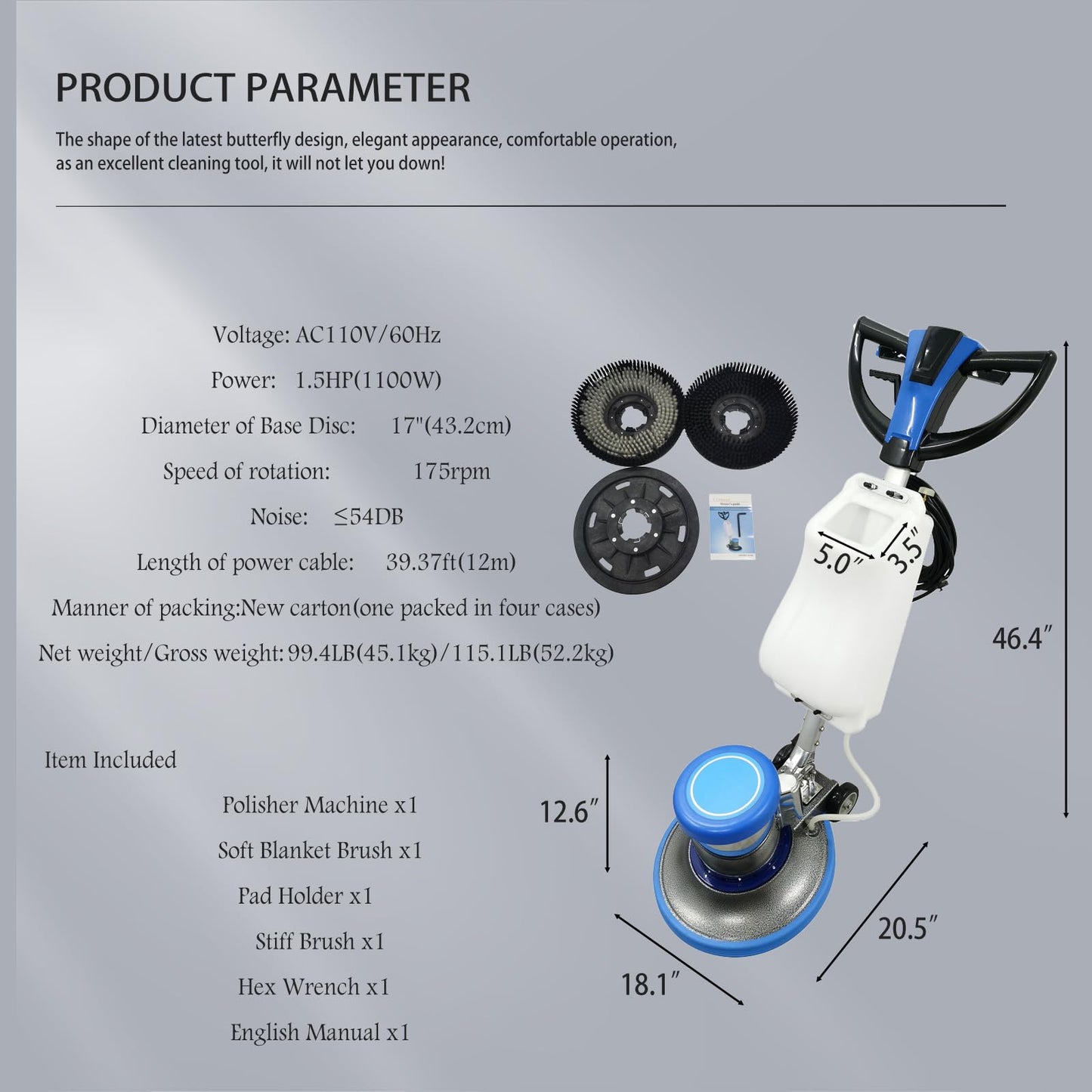 WYDDDARY 110V Floor Polisher Commercial Floor Scrubber Machine 17" Cleaning Path Carpet Buffer Scrubber with 3.1gal Water Tank 175Rpm 1100W, for Marble/Cement/Epoxy/Rubber Floors/Wood
