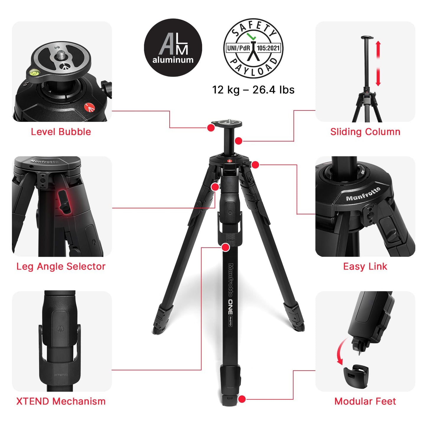 Manfrotto ONE Photo, Aluminum Tripod, 26.4 lbs Load, 90° Horizontal Column, XTEND Legs Fast Setup, Sliding Center Column, Modular Feet, Professional Photo Tripod for DSLR & Mirrorless Cameras