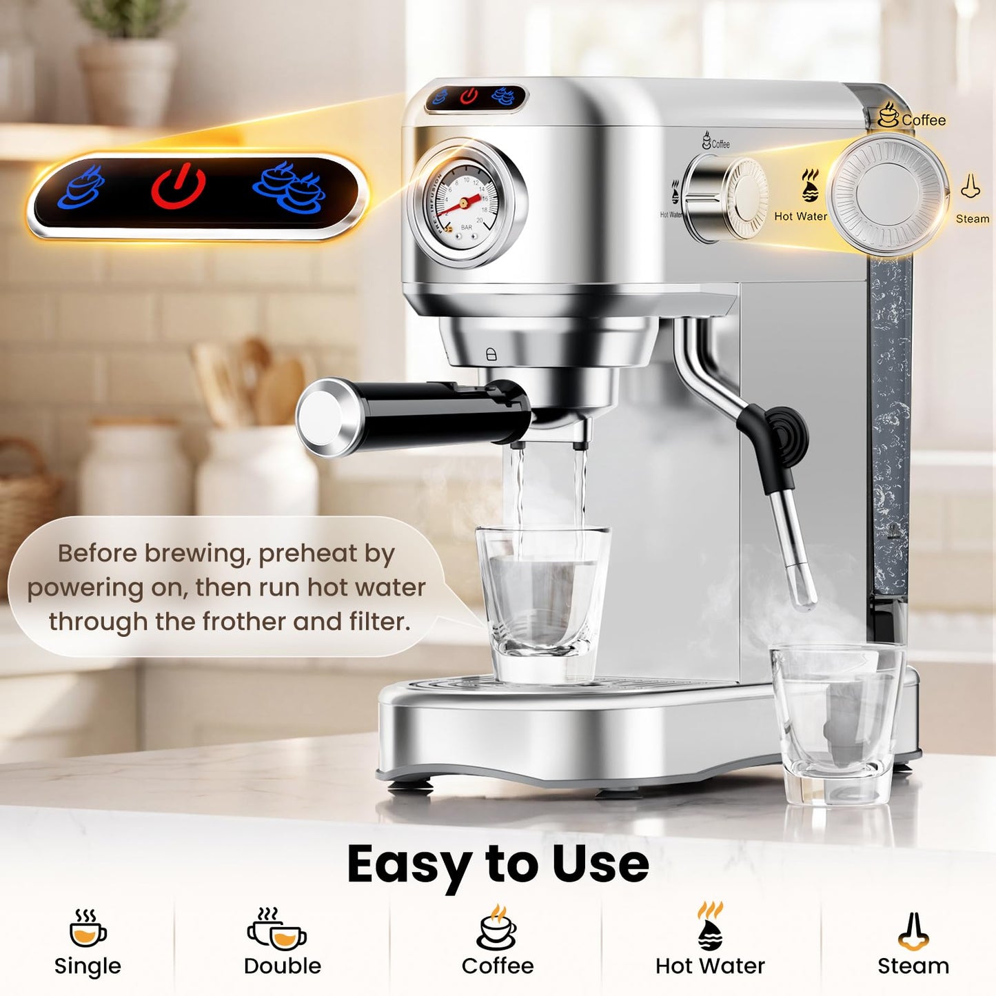 Espresso Machine 20 Bar, Compact Espresso Coffee Machine with Milk Frother, Stainless Steel Coffee Maker with 34oz Removable Water Tank, Cappuccino Machine for Home, Office, Fathers Day Dad Gifts