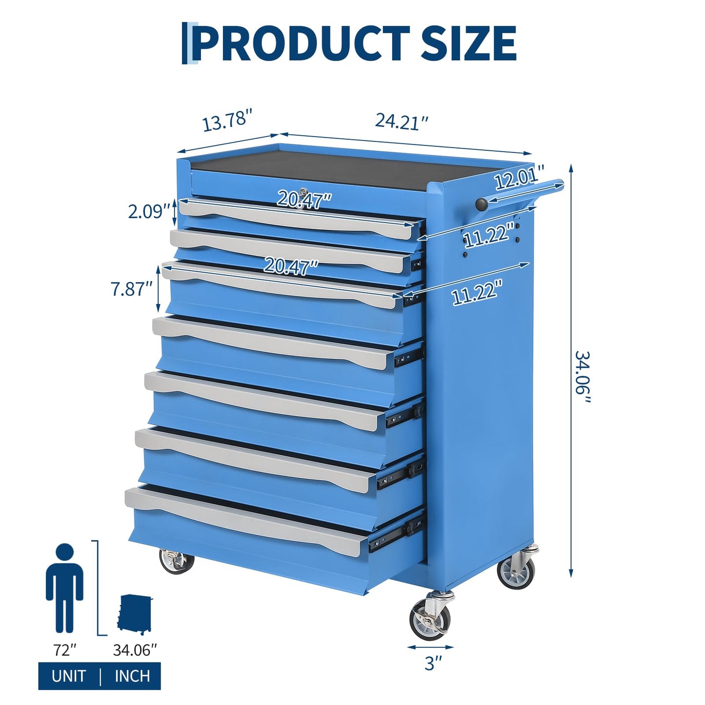 7-Drawer Tool Chest, Rolling Tool Cart with Wheels, Large Capacity Tool Storage Cabinet with Keyed Locking,Drawer Liners&Link Buckle, for Garage, Workshop, Warehouse,24.21"L * 13.78"W * 34.06"H Blue