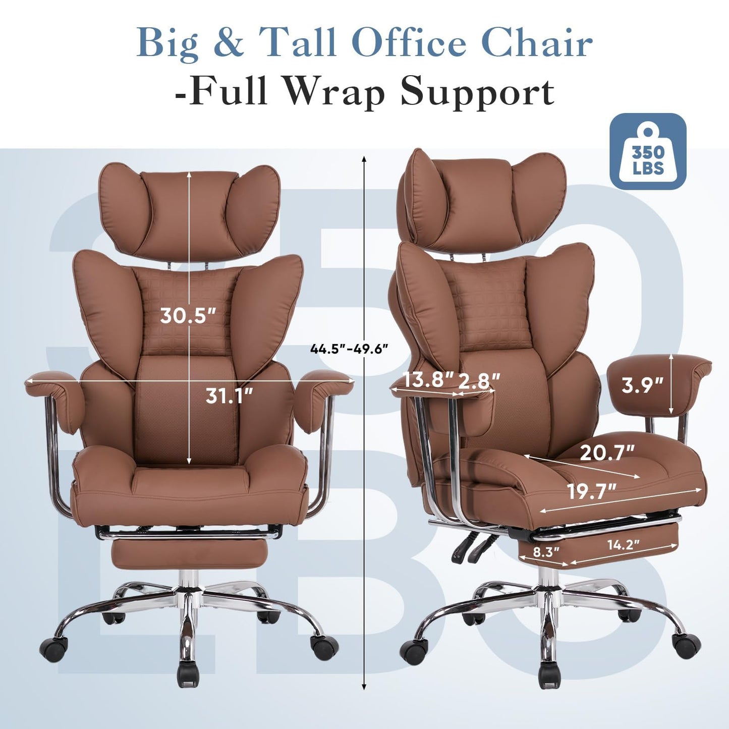 Big and Tall Office Chair 350 LBS, Scratch-Resistant PU Leather Executive Office Desk Chair with Footrest, Ergonomic Reclining Computer Chair with Pocket Spring Support for Home Office, Brown