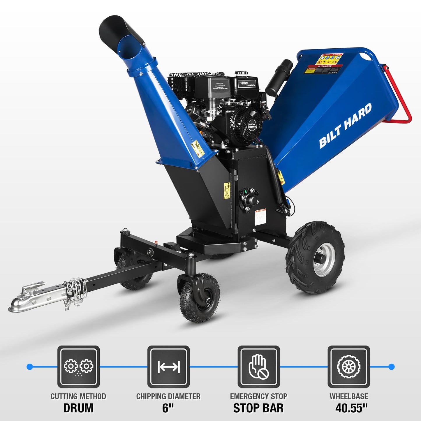 BILT HARD 6 Inch 420cc 15HP E-Start Gas Powered Drum Wood Chipper, 4-Wheels Towable Leaf Branch Shredder Mulcher with Tow Bar, Emergency Stop Bar