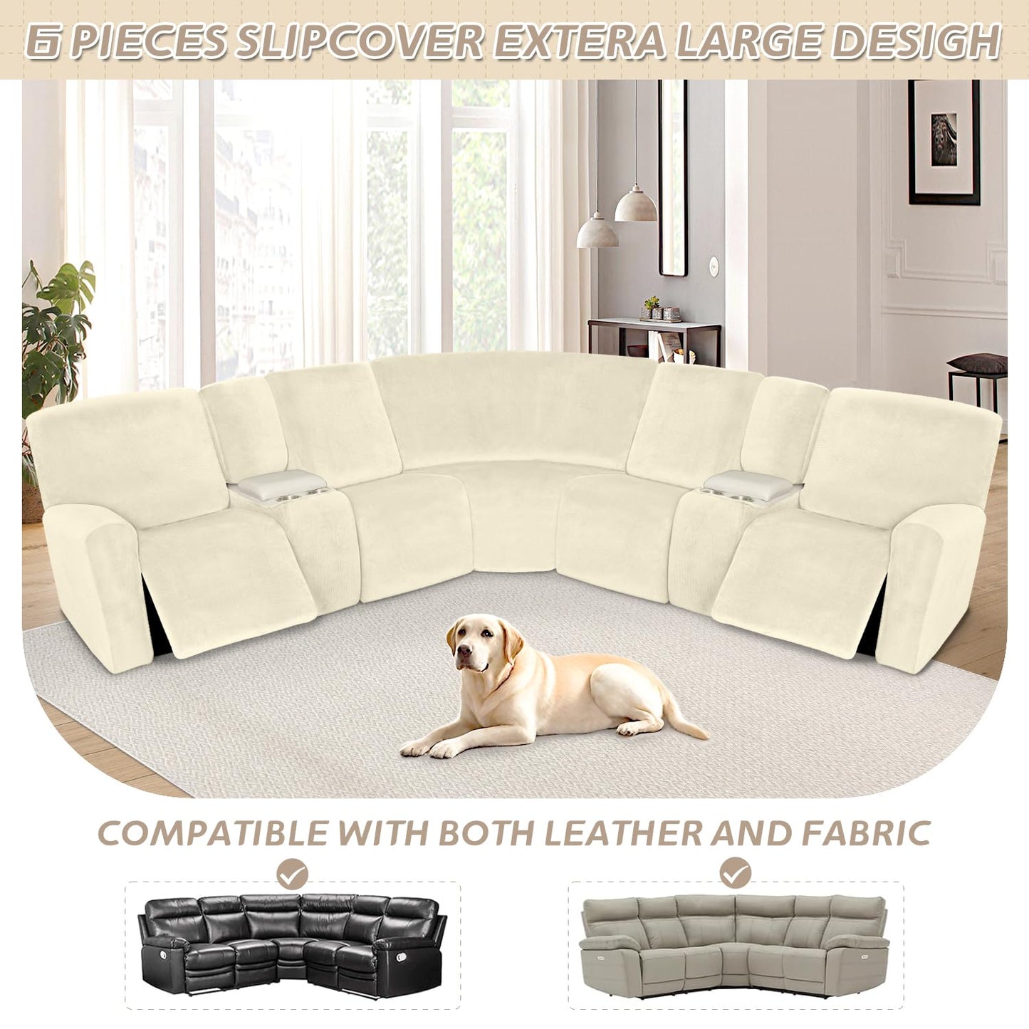 Arfntevss Sectional Recliner Couch Covers Velvet Washable Corner Sectional Sofa Cover for Reclining Couch Stretch Soft Thick L Shape Recliner Slipcover Set (5 Seat with 2 Console Cover, Beige)