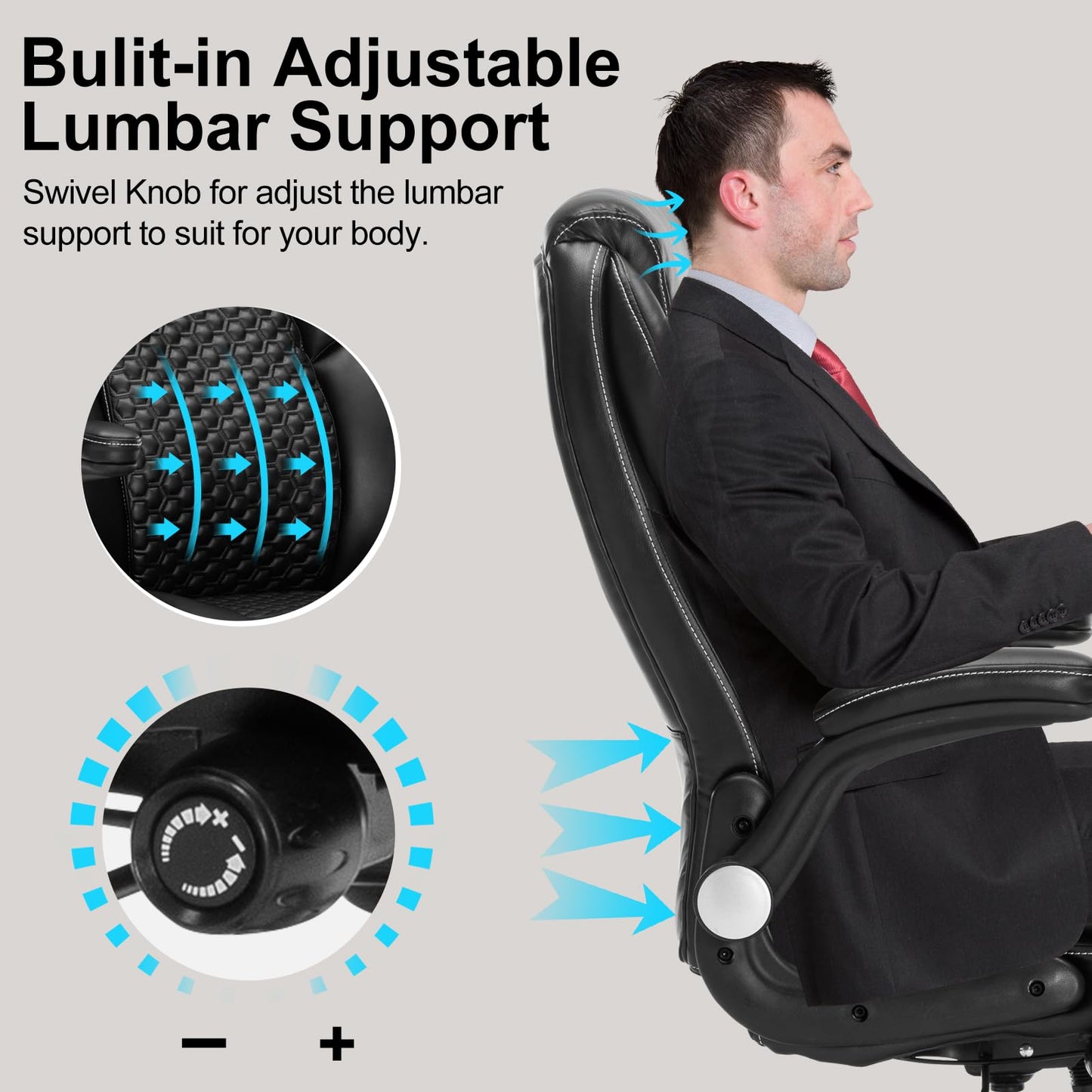 ZLHECTO® Big and Tall Executive Office Chair, PU Leather Swivel Desk Chair with Flip-up Arms, Adjustable Lumbar Support, Space-Saving Height Adjustable Rolling Computer Chair for Home & Office Use