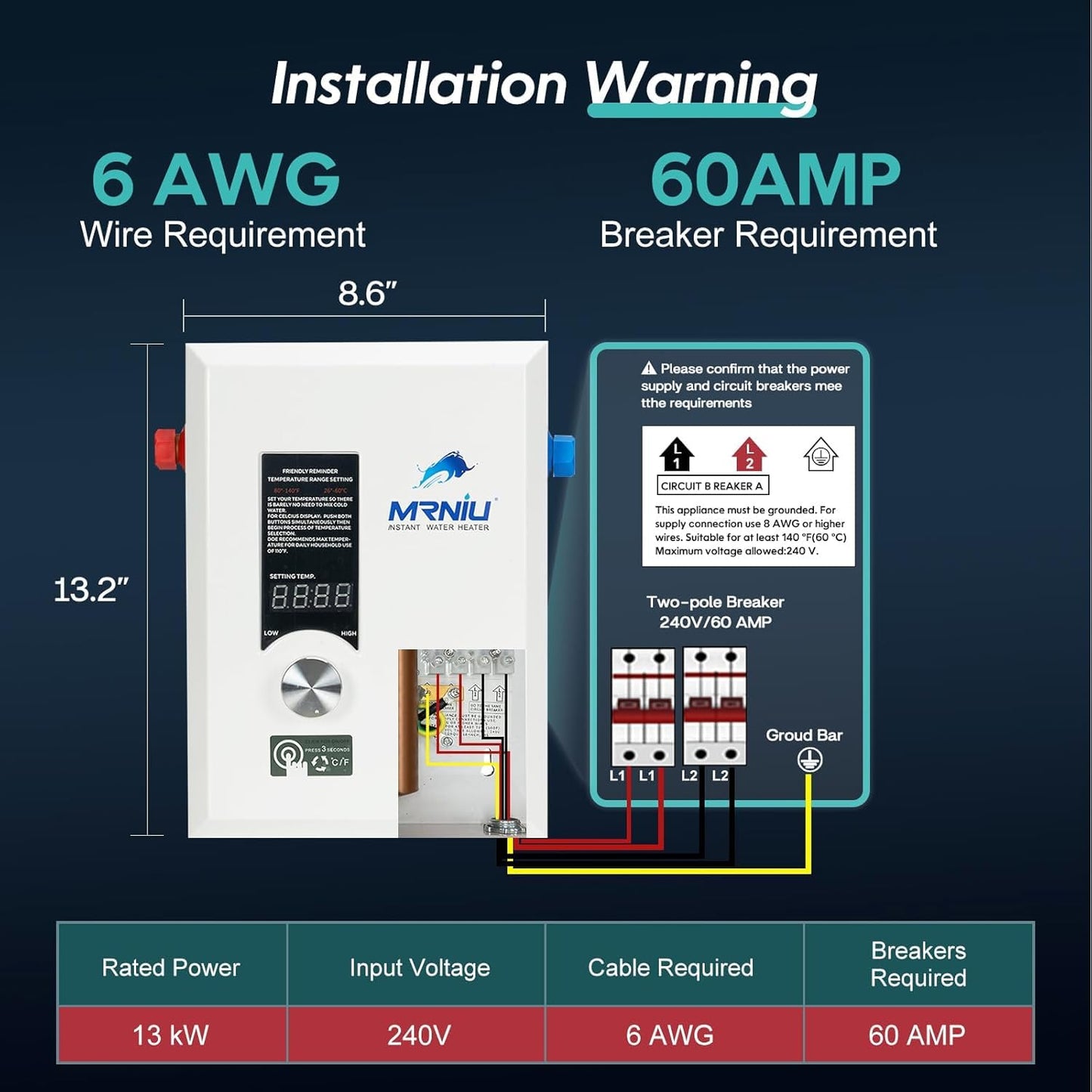 36kW 240 Volts On Demand Instant Endless Water Heater Tankless Water Heater Electric with LED Temperature Display for Residential Whole House Shower, Space Saving, IPX4