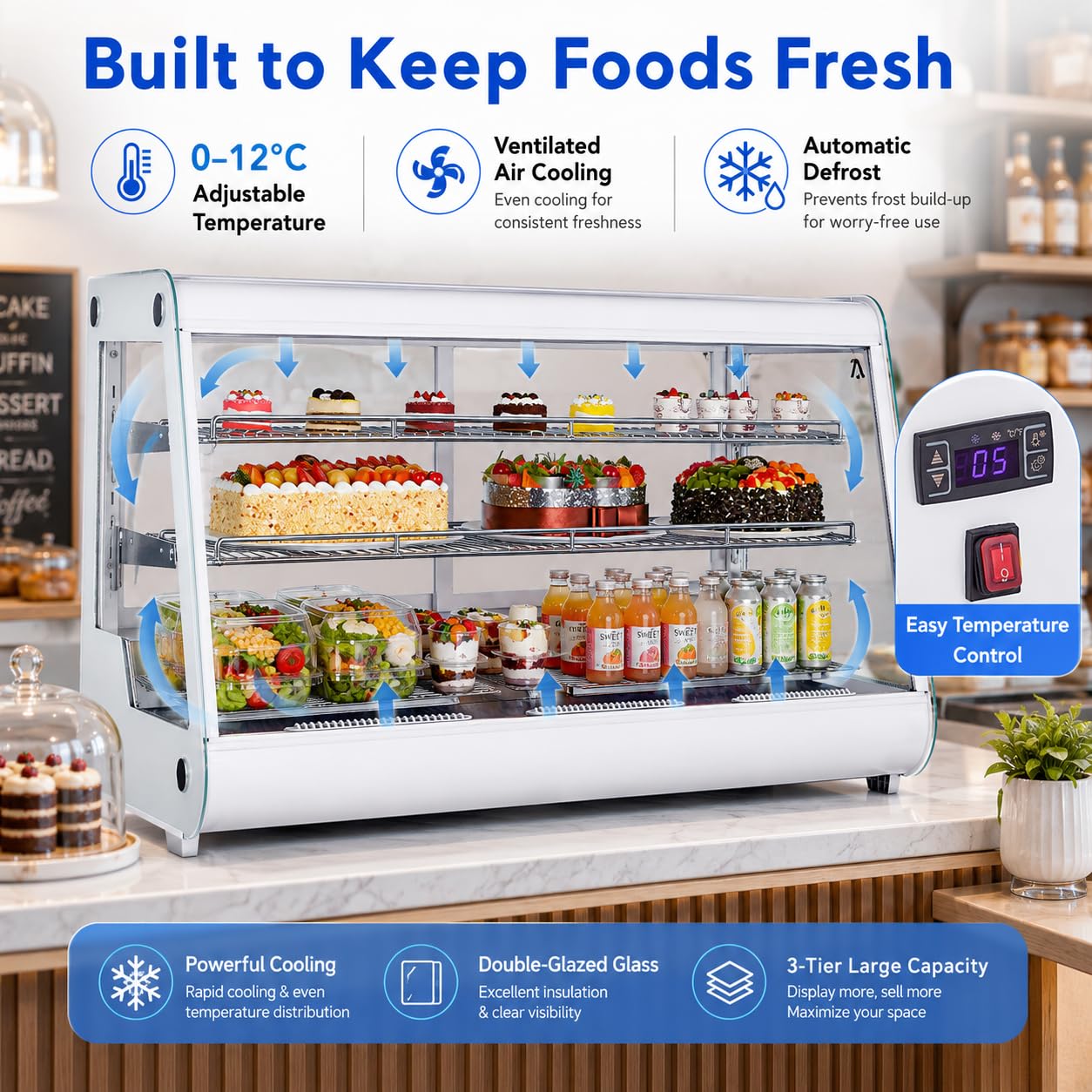 8.1 Cu.Ft Commercial Glass Door Refrigerator | Countertop Display Fridge with LED Lighting for Bakeries, Cafes, Convenience Stores | Energy Efficient, Adjustable Shelves, Auto-Closing Door