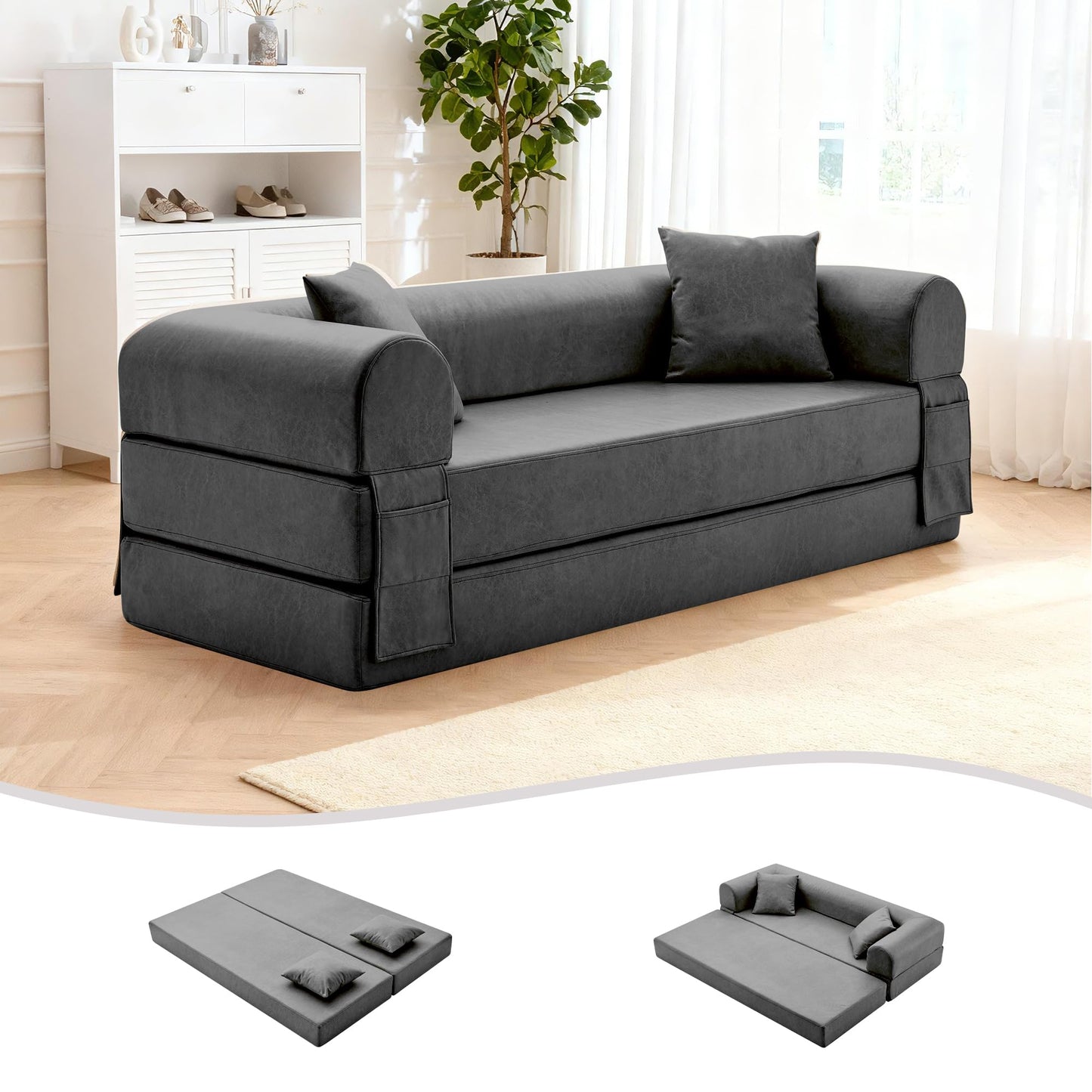 78.5" Convertible Sleeper Sofa Bed, Faux Leather Folding Floor Sofa with Pullout Bed&2 Pillows, No Assembly Modern Boneless Couch Compression Sofa in Box with Storage Pocket for Living Room, Gray