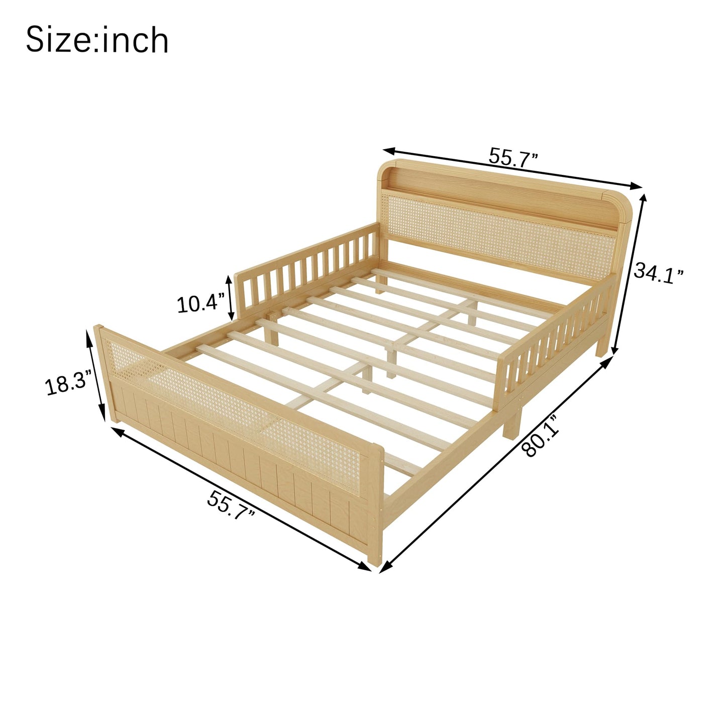 KEIKI Full Size Pine Wood Platform Bed Frame with Storage Headboard & Footboard, for Boys & Girls, Rattan Bed with Solid Slat & Guardrails, No Box Spring Required, Easy Assembly, for Bedroom, Natural