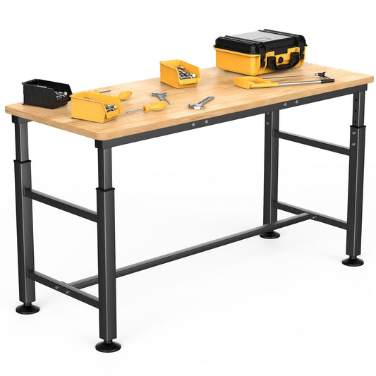 WALMANN Heavy Duty Adjustable Height Workbench 60" x 23.5", Rubber Wood Top Work Table for Garage, Workshop, 2000 lbs Load Capacity