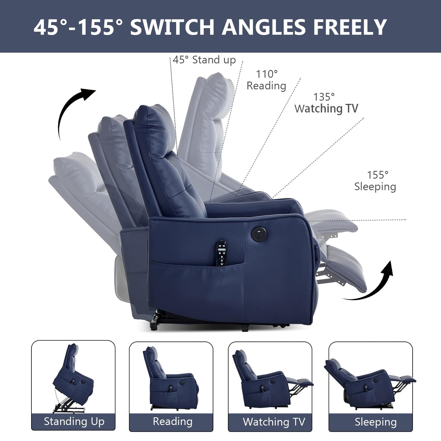 KEIKI Single Motor Power Lift Recliner Chair with Massage and Heat for Living Room, Synthetic Leather Upholstery with USB Charging Port and Side Pockets for Seniors