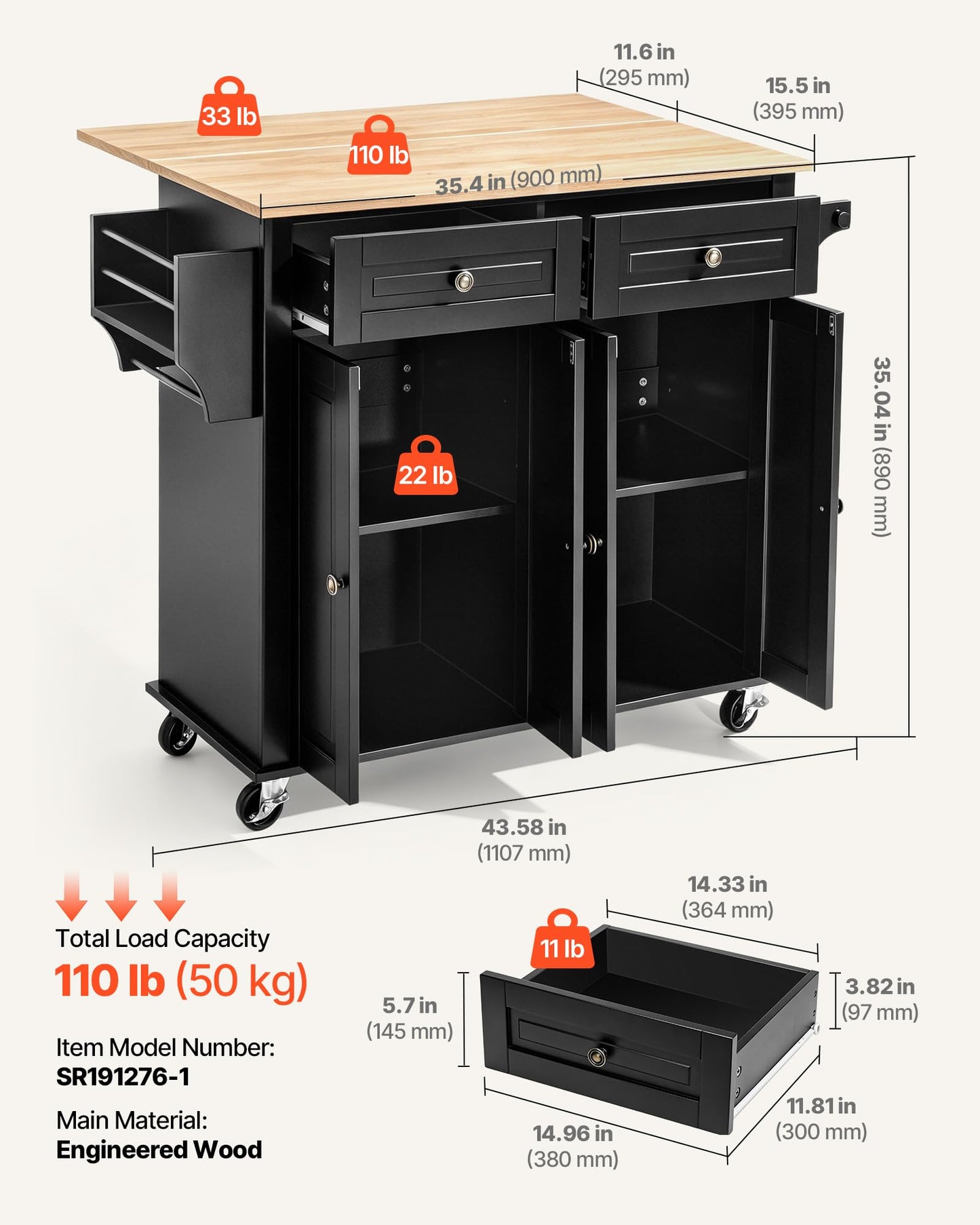 VEVOR Kitchen Island Cart with Storage, 43.58 in Wide Mobile Rolling Storage Island on Swivel Wheels, with 2 Drawers, Storage Cabinet, Drop Leaf, Spice/Towel Rack, Table for Home Dining Room, Black
