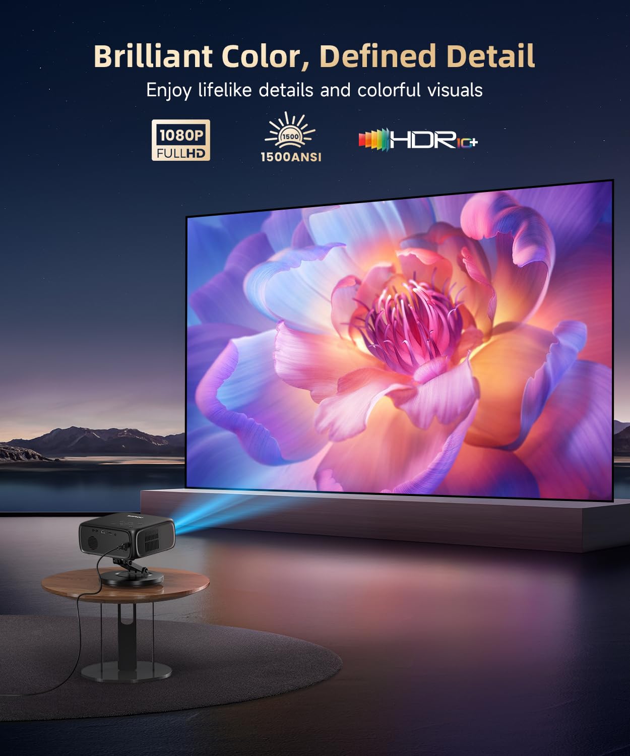 SOPYOU 1500ANSI Google TV Smart Projector, Auto Focus & Keystone,with Stand