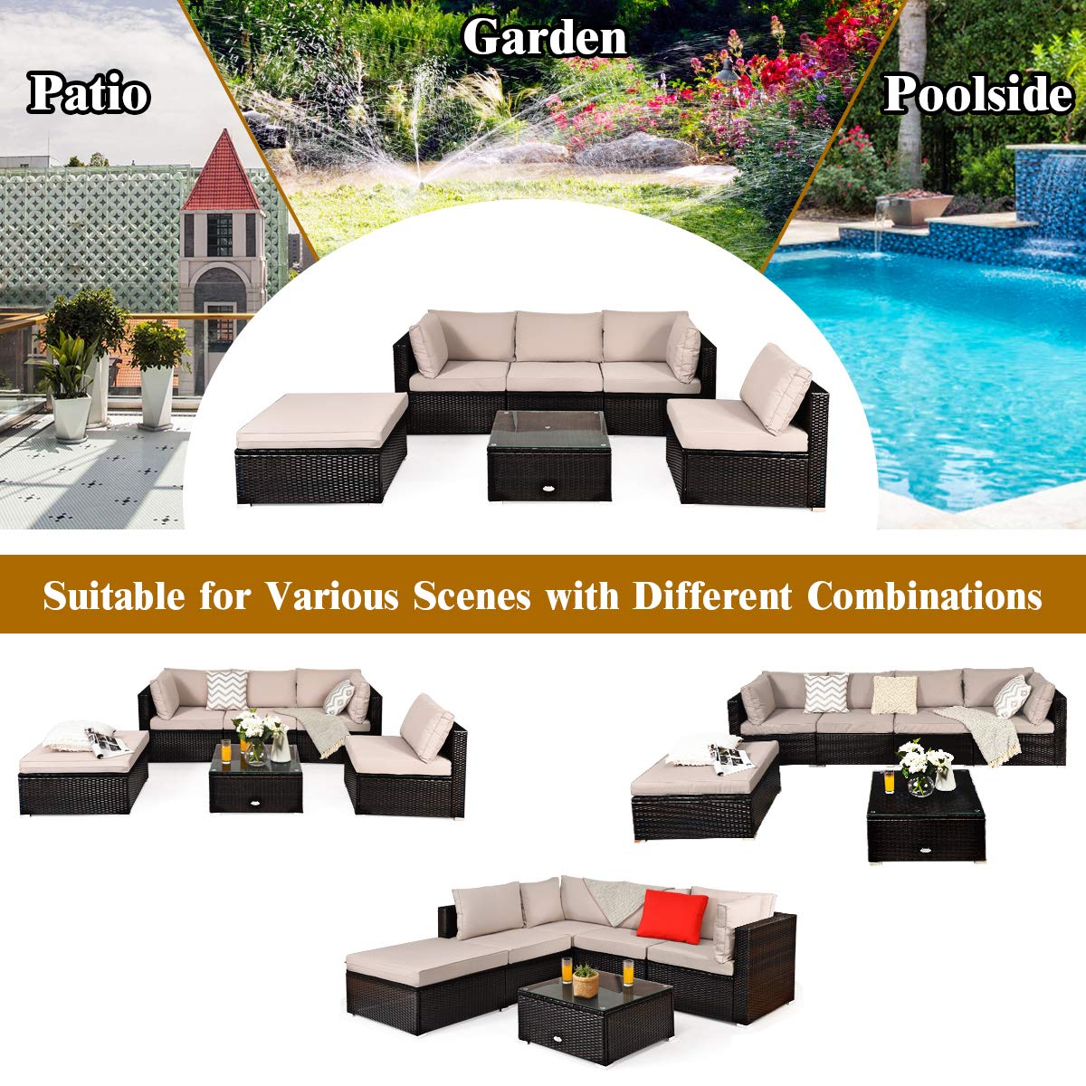 COSTWAY 6-Piece Outdoor Patio Furniture Set, Rattan Sectional Sofa Set with Tempered Glass Coffee Table, Cushions and Ottoman for Garden, Deck, Backyard (Beige)