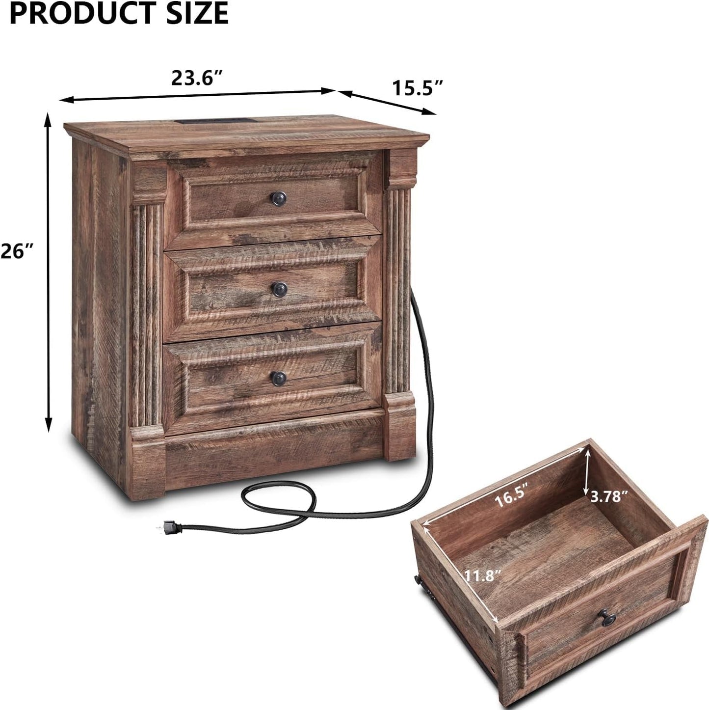 Aitjunz 26" Tall Farmhouse Nightstand, 3 Drawers End Table w/Charging Station, 23.6" Wide Large Side Table w/Roman Column, Wood Rustic Sofa Table for Bedroom, Light Brown