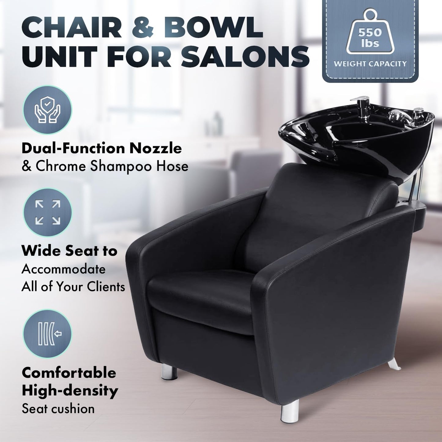 Buy-Rite Shelby Shampoo Backwash Station - Professional Salon Backwash Unit w/Deep Tilting Porcelain Sink, Wide Reclining Chair, Dual-Function Nozzle, Vacuum Breaker - Black, YLG-556-BLK