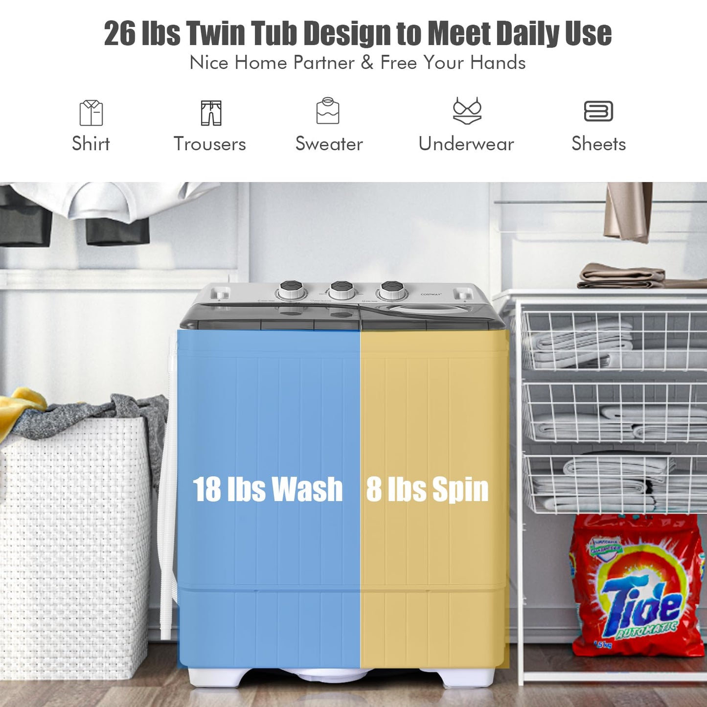 COSTWAY Portable Washing Machine, 2-in-1 Twin Tub 26lbs Capacity Laundry Washer(18lbs) and Spinner(8lbs) with Control Knobs, Timer Function, Drain Pump, Perfect for Home Apartment RV, Grey