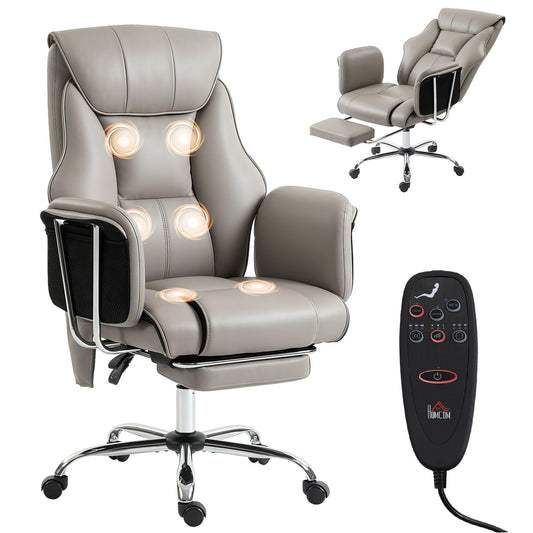HOMCOM Massage Office Chair with 6-Point Vibration, Overstuffed Reclining Desk Chair with High Back, PU Leather, Footrest, Thick Spring Cushion, Lumbar Support, Grey