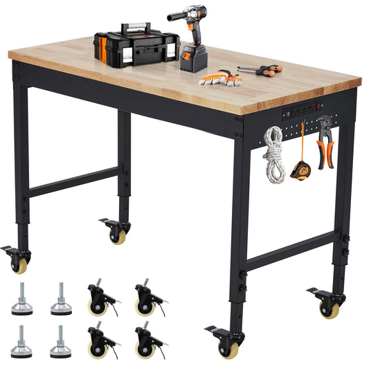 ACONEE Workbench for Garage, 72" x 25" Adjustable Workbench with 2000 Lbs Capacity, Rubber Wood Top Workstation with 4 Rolling Casters, Power Outlets, Heavy Duty Work Table for Workshop Office Home