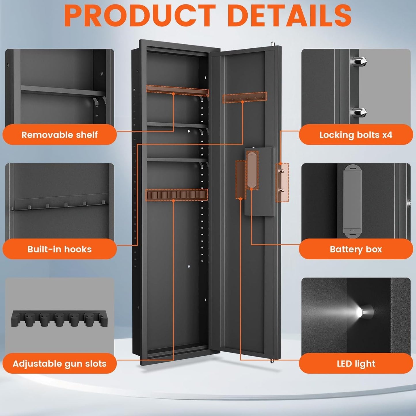 53" Tall Hidden Wall Safe with Fingerprint Lock - Fireproof & Waterproof, Dual Alarm System, 3 Adjustable Shelves, Magnetic Slot & Key Hooks - Modern Black Steel Construction