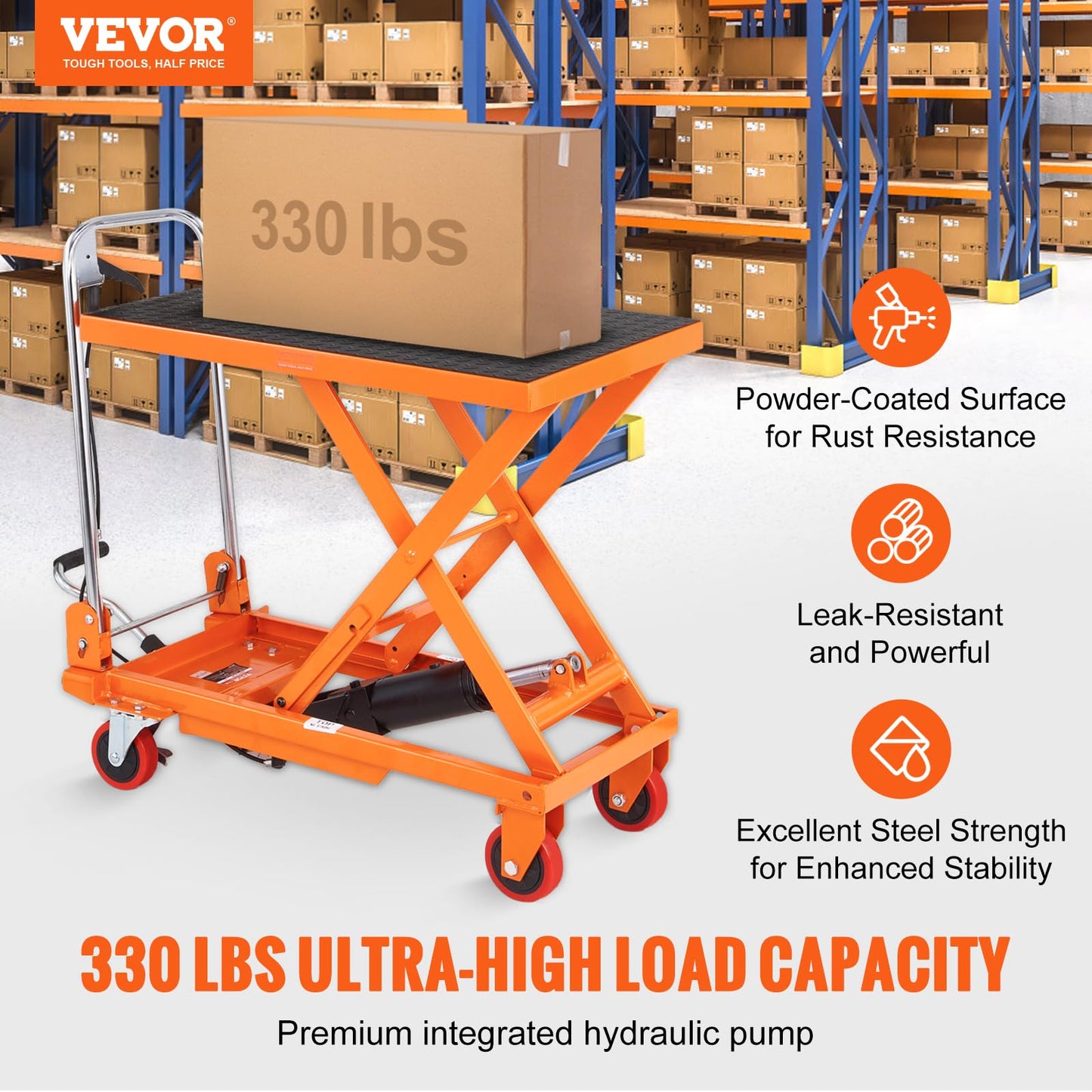 VEVOR TF15 Hydraulic Lift Table Cart, 330lbs Capacity 28.5" with 4 Wheels and Non-Slip Pad, for Material Handling and Transportation, Orange