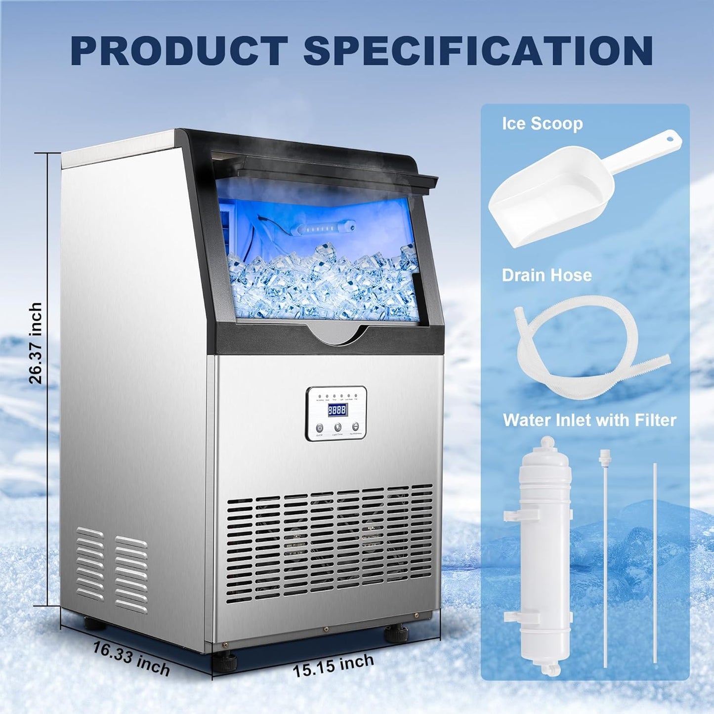 Zomagas Ice Maker,110LBS/24H Commercial Ice Machine Stainless Steel Ice Maker Machine with 25LBS Capacity,45 Ice Cubes in 12-15 Minutes,Self-Cleaning,Ideal for Restaurant,Bars,Home,Includes Scoop