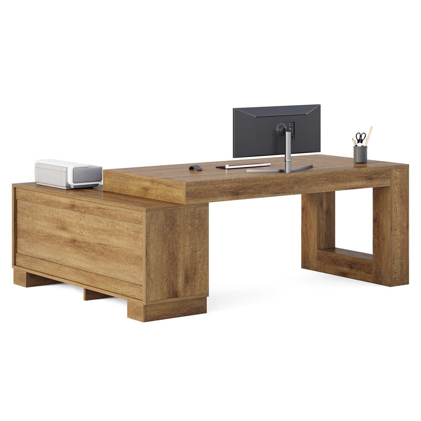 LITTLE TREE 63" L Shaped Executive Desk with Storage, Farmhouse Home Office Desk with 2-Tier Cabinets and Shelves, Large Wooden Computer Table Business Furniture Workstation Set, Brown