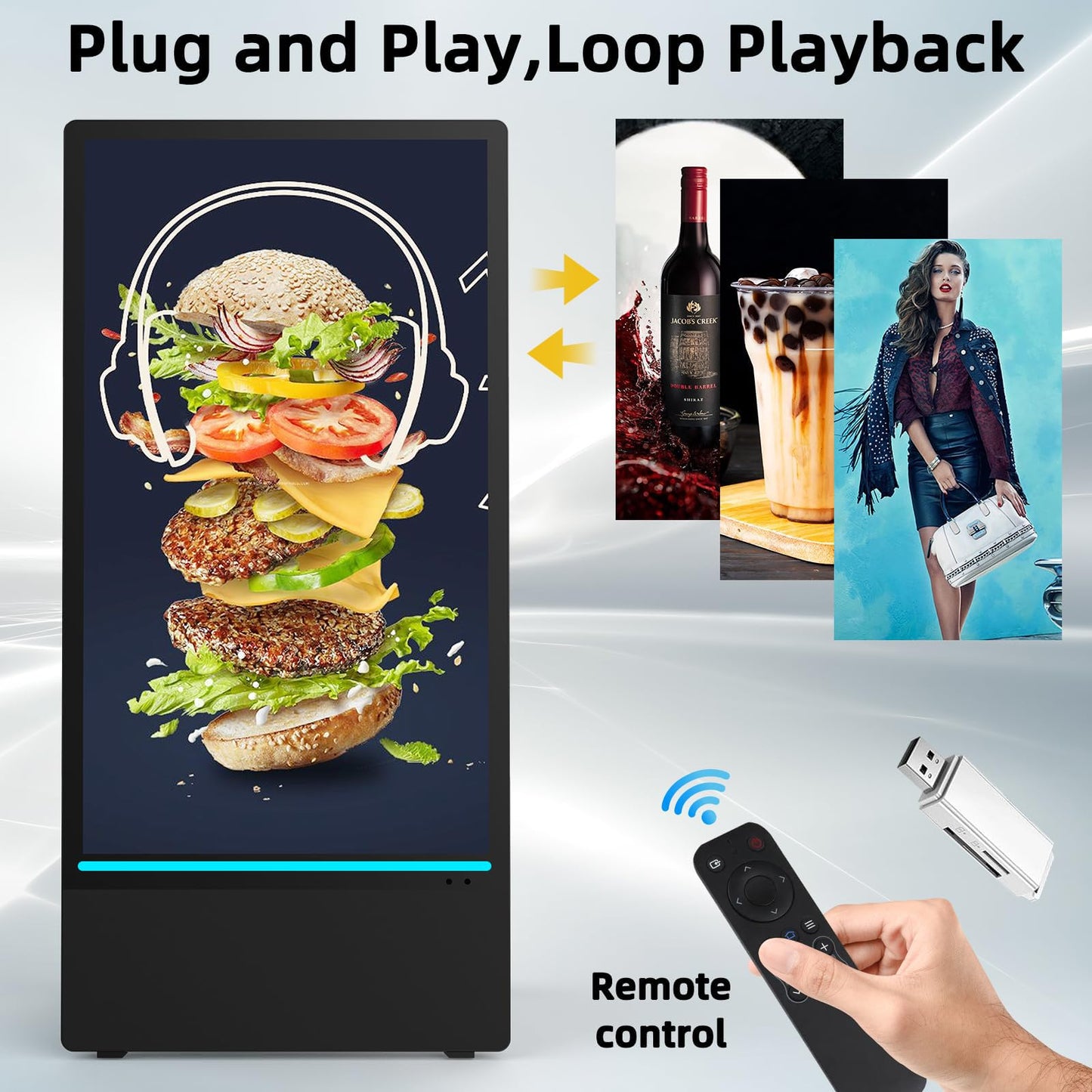 YIXZSWD 43 Inch Outdoor Digital Signage A-Frame Displays, Rechargeable Digital LCD Kiosks, Moveable Commercial Totem, IP65 Waterproof, Auto Adjustment 2000nits High Brightness Screen, High Capacity Battery for Restaurant/Bar/Food Truck/Store