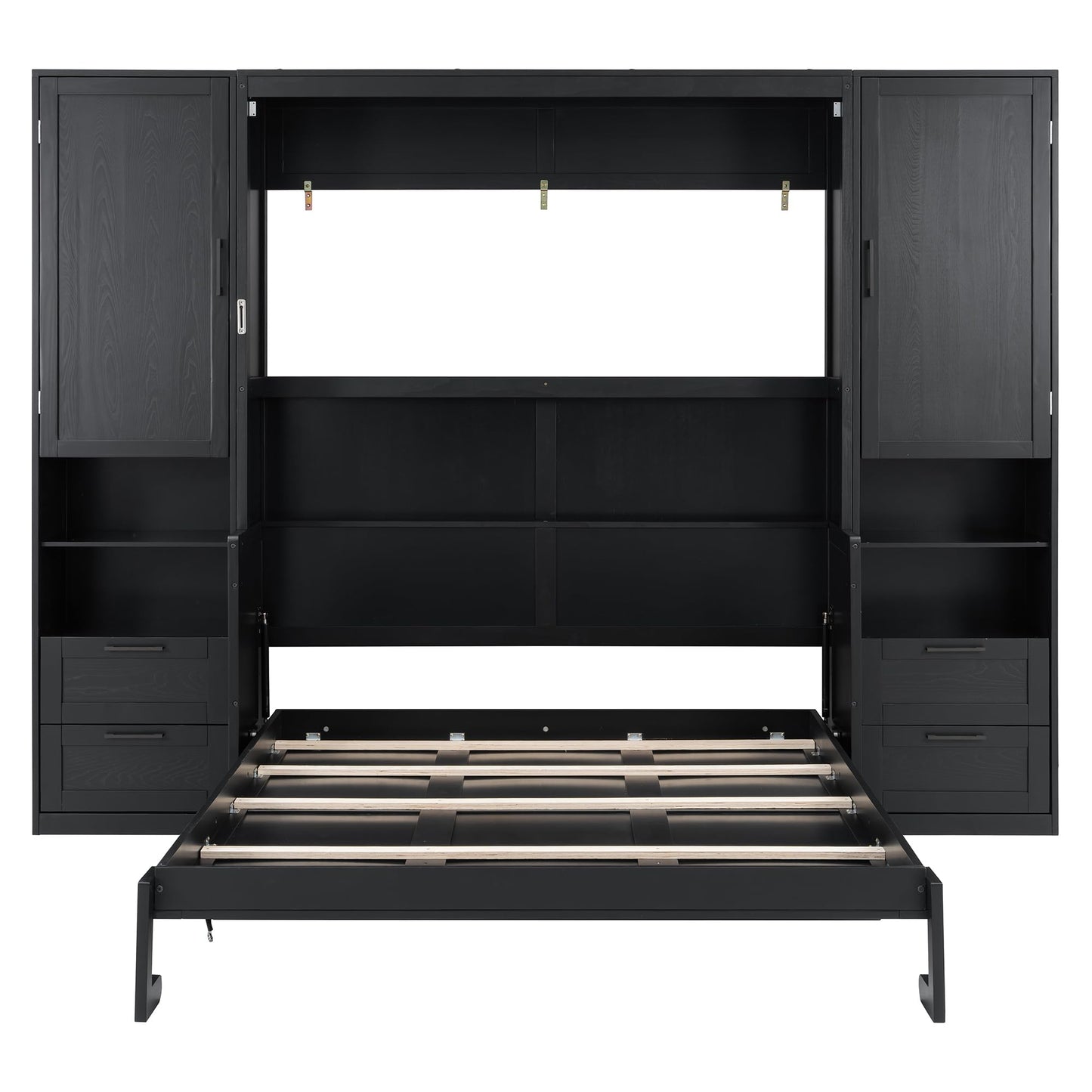 Merax Queen Size Murphy Bed with Desk, Closet, Drawers and Shelves, Fold into The Wall, Space-Saving Foldable Wood Platform Bed Frame for Small Spaces Studio Study Office Guest Room, Black(Oak Veneer)
