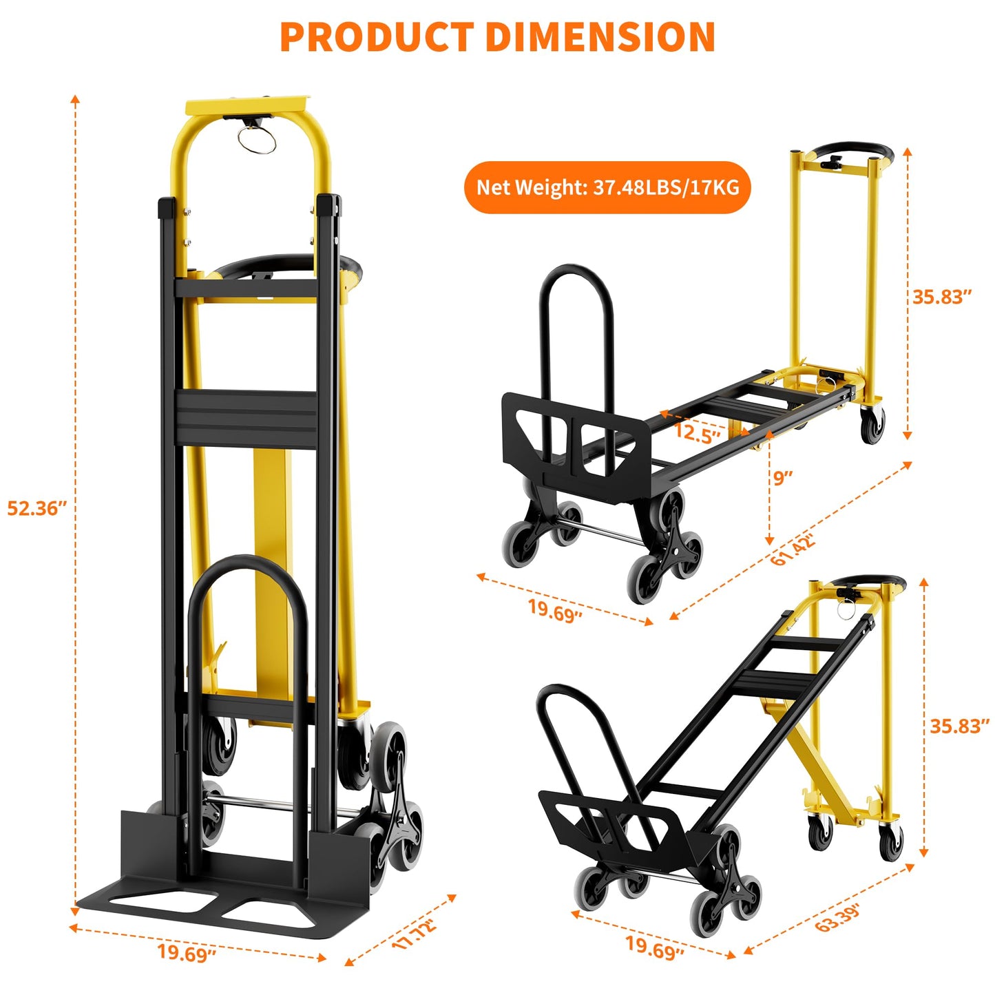 Heavy Duty Aluminum Hand Truck, 3-in-1 Convertible Folding Dolly Cart, Stair Climbing Hand Truck with Wheels, Industrial Platform Trolley for Warehouse, Home, Office & Transport Moving