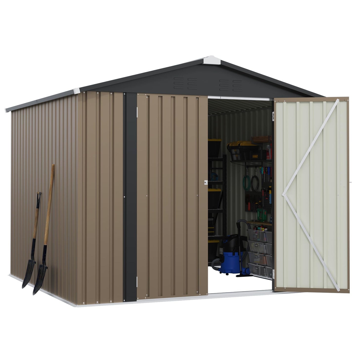 Greesum 8x8FT Outdoor Storage Shed, Utility Tool Shed with Sloping Roof, Metal Storaged Garden Shed with Door & Lock for Patio Storage, Brown