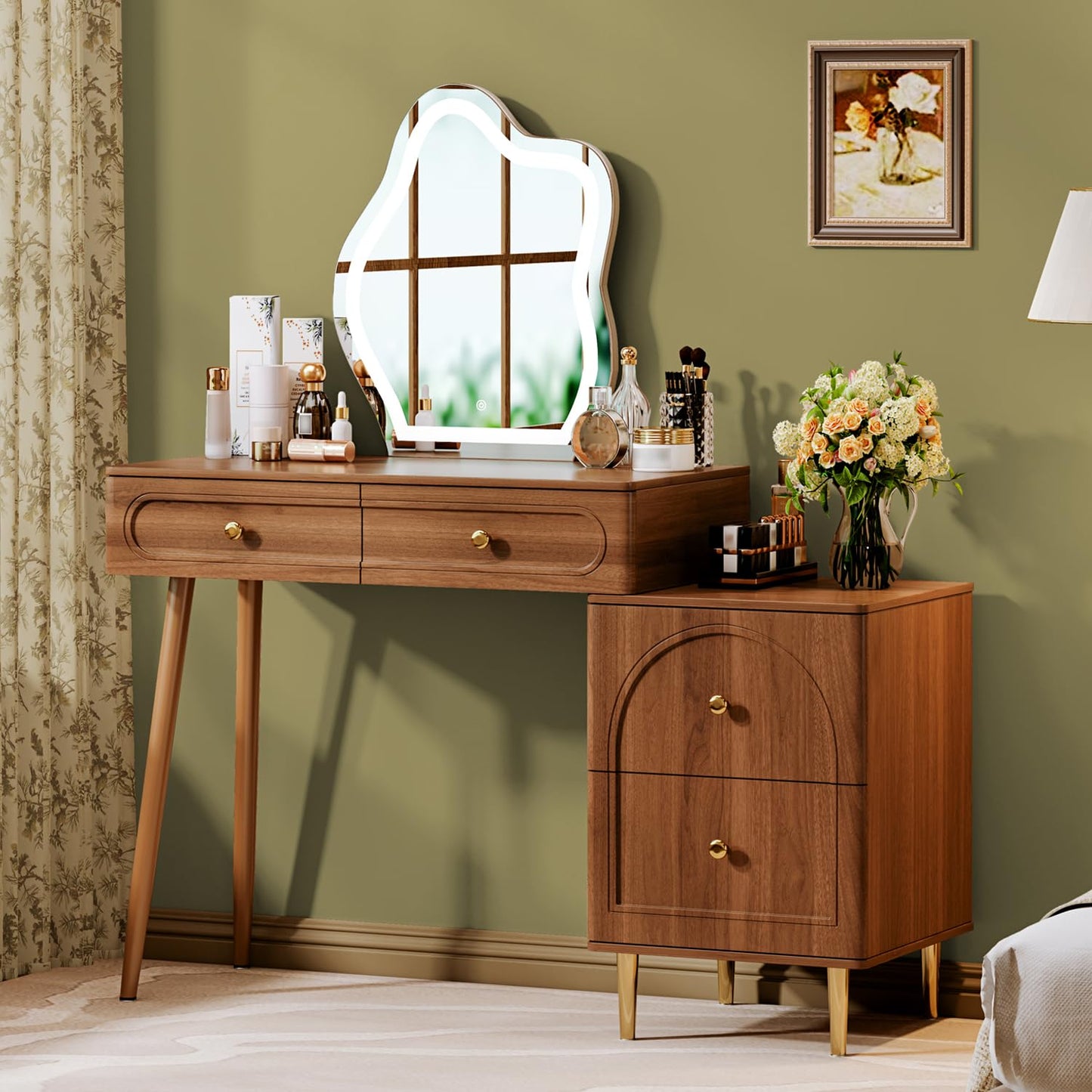 Chrangmay Walnut Stylish Corner Makeup Vanity Table，Vanity Desk with Lighted Mirror and 4 Spacious Drawers,Bedroom Essential Dressing Table with Nightstand，Modern Minimalist Writing Desk for Girls
