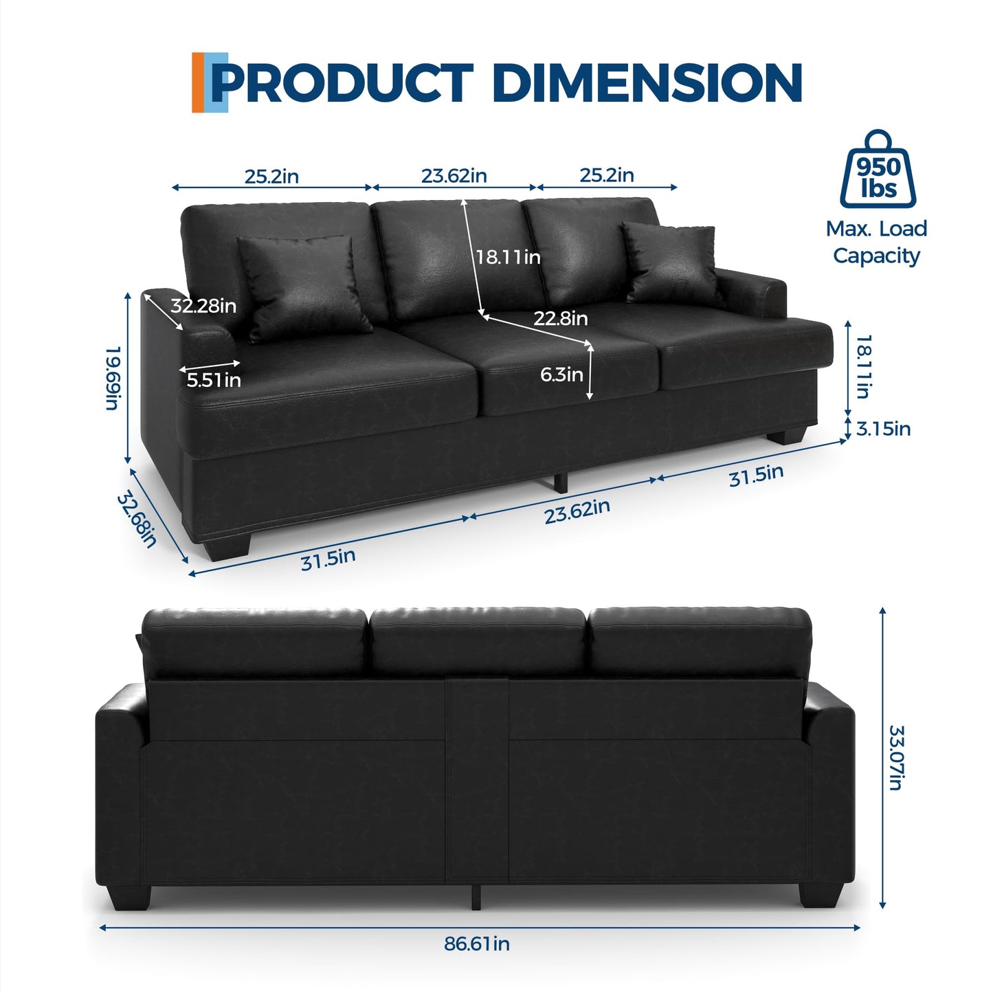 Garvee 86" Faux Leather Sofa, Modern Deep Seat Couch with 2 Throw Pillows, Upholstered Cushion & Removable Cover, Comfy Leather Couch for Small Space, Apartment, Living Room Lounge, Black